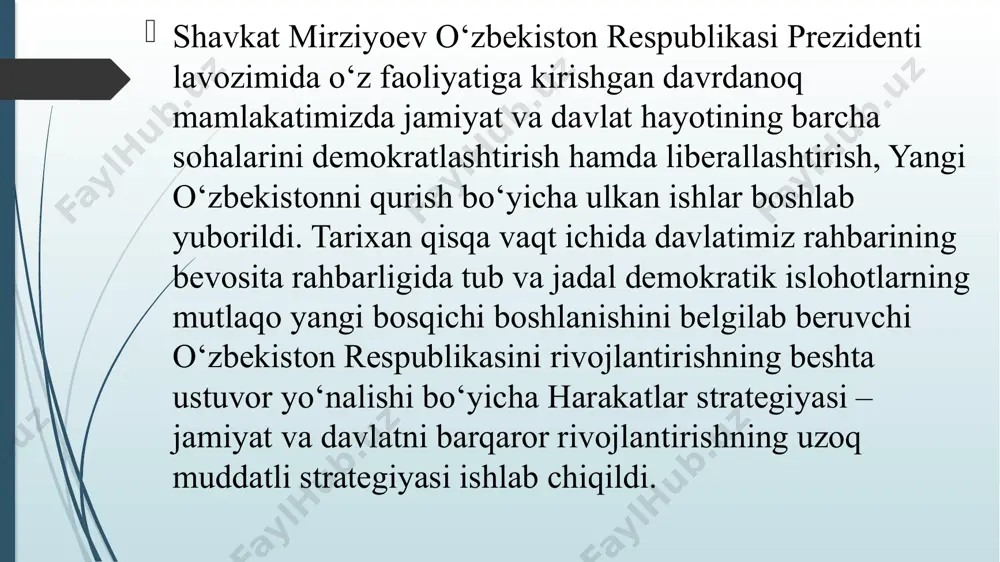 essiyasida qabul qilingan «markaziy va janubiy osiyoda o‘zaro bog‘liqlikni mustahkamlash» nomli rezolyusiya 2022-2026 yillarga mo‘ljallangan «harakatlar strategiyasidan – taraqqiyot strategiyasi sari» tamoyilini o‘rganish. prezident tomonidan 2022 yil 28 yanvardagi “2022-2026 yillarga mo‘ljallangan yangi o‘zbekistonning taraqqiyot strategiyasi to‘g‘risida”gi pf-60-son farmon imzolandi. hujjat bilan quyidagilar tasdiqlandi: 2022-2026 yillarga mo‘ljallangan yangi o‘zbekistonning taraqqiyot strategiyasi (keyingi o‘rinlarda – strategiya); “inson qadrini ulug‘lash va faol mahalla yili"da amalga oshirishga oid davlat dasturi; 2022–2026 yillarga mo‘ljallangan yangi o‘zbekistonning taraqqiyot strategiyasini amalga oshirish bo‘yicha respublika komissiyasi (keyingi o‘rinlarda – respublika komissiyasi) hamda uning ishchi guruhi tarkiblari. talaba yoshlar uchinchi renessans shakllanishi va rivojlanishi uchun doimo xarakatda, o‘qish, o‘rganish, izlanish uchun intilishda bo‘lishlari kerak deb xisoblayman. buning uchun bizga imkoniyatlar yaratib berilgan. vatanga fidoyi, vatanparvar, o‘z yurtini sevadigan, uning o‘tmishini yaxshi biladigan va qadrlaydigan munosib yoshlar kerak. renessans davri farzandlari ilmli, bilimli jaxon sivilizatsiyasi yutuqlarini yaxshi biladigan, zamon talablarini tushunadigan, fan-texnika bilan sirdosh, uning sir-asrorlaridan ogox yoshlar bulishi …