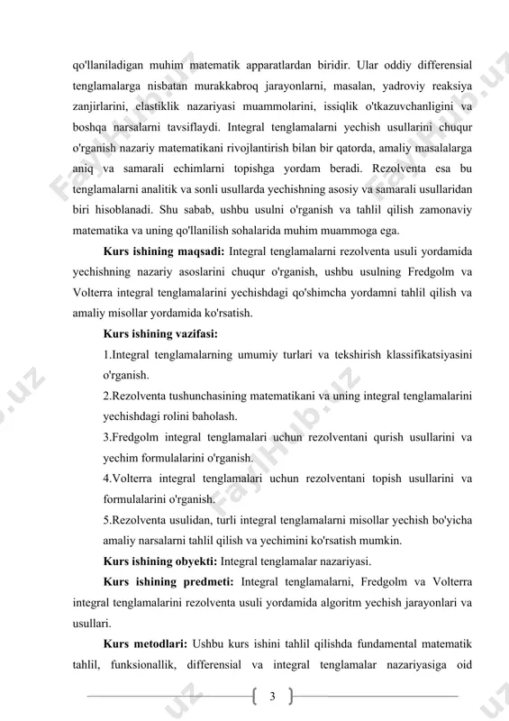 itoblarida, muammolar, deformatsiyalanuvchi muhitlar mexanikasi, kvant mexanikasi va signalni qayta ishlash sohalarda muammolarni topish kabi imkoniyatlarni beradi. ishning tuzilishi: ushbu kurs ishi kirish, ikki bob, xulosa, foydalanilgan adabiyotlar ro'yxatidan iborat. i bob. integral tenglamalar va ularning turlari 1.1. integral tenglamalarning ta'rifi va umumiy ko'rinishi matematik eng muhim va keng qo'llaniladigan bo'limlardan biri bo'lgan integral tenglamalar nazariyasi fundamental kapitalga ega. ushbu nazariya natijaviy sof matematik g'oyalarni o'rganishga xizmat qiladi, balki fizika, texnika, iqtisodiyot, biologiya va boshqa ko'plab amaliy fanlarda murakkab jarayonlar va jarayonlarni modellashtirish, qilish hamda ularni aniqlashda ajralmas vosita bo'lib xizmat qiladi. integral tenglamaning xususiyatlari, noma'lum funksiya bu tenglamada hosila sifatida emas, balki integral belgisi ostida ishtirok etadi. bu uning differensial tenglamalaridan farqi va uning o'ziga xos xususiyatini saqlab qolish, chunki ko'plab real dunyo jarayonlari, yadroviy reaksiyalar, elastiklik nazariyasi muammolari, issiqlik dinamikasi kabi hodisalar integral operatorlar orqali yanada aniq va tabiiy ravishda ifodalanishi mumkin. integral tenglamaning umumiy ko‘rinishi quyidagicha ifodalanadi: …