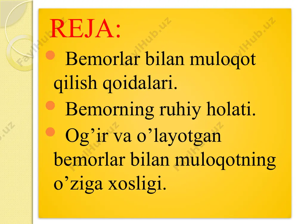 hi ular sizga nomuvofiq yoki asossiz bo'lib tuyulsa ham. voyaga etgan kishi o'z shifokorini, dori-darmonlarni, davolash usullarini, kiyim-kechak, oziq-ovqat va hokazolarni tanlash huquqiga ega. yordam yoki xushmuomalalik bilan maslahat berganingizdan so'ng, agar odam o'z yo'lini tanlashga qaror qilsa, undamang. endi asosiy narsa iliq ishonchli munosabatlarni saqlab qolishdir. bemor qanday qiyin vaziyatda bo'lishidan qat'i nazar, uni mustaqilligidan mahrum qilmang. juda xushmuomala bo'lishga harakat qiling, axloqsizlikdan qoching. mashhur aforizmni eslang: "kattalar uchun ikkita ta'limot allaqachon bitta haqoratga tengdir". psixiatriya - ruhiy kasalliklarning kelib chiqishi, patogenezi, klinik kо‗rinishi, kechish xususiyatlarining о‗rganadigan va ularning oldini olish, davolash va reabilitasiya usullarini ishlab chiqadigan tibbiyot fanidir. psixiatriya umumiy psixopatologiya va xususiy psixiatriyaga bо‗linadi. xususiy рsixiatriya ruhiy kasalliklarning simptom va sindromlarini, ularning rivojlanishi, kechishida umumiy qonuniyatlar va tasnifini о‗rganadi. ruhiy kasalliklarni aniqlashda va bemorning ruhiy holatini tо‗g‗ri baholab, uning oqibatlari, shaxs xususiyatlari, kasallikning kechish jarayoni haqida ma‘lum bir xulosaga kelish uchun katta axamiyat kasb etadi. ruhiy kasalliklarning …