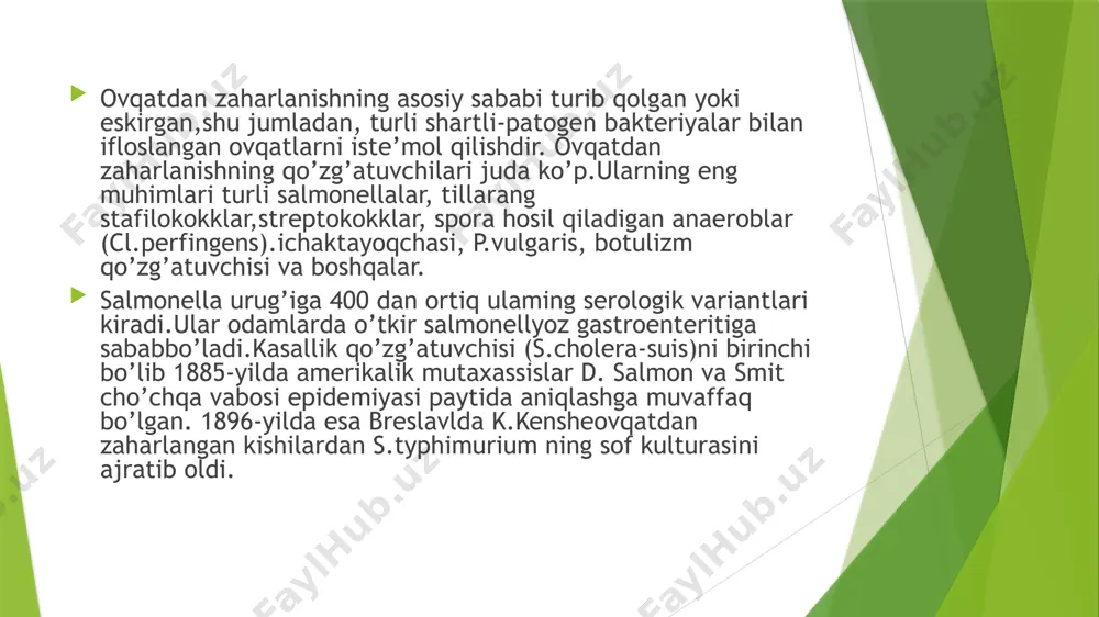 a chidamli.salmonellalar endotoksini pishmagan go’sht, kotlet va kaboblarda uzoq saqlanadi. shunisi e’tiborliki, salmonellalar bilan zararlangan ovqat mahsulotlarining organoleptik xususiyatlari(ta’mi,rangi va hk.)o’zgarmaydi. hayvonlarga nisbatan patogenligi. ovqatdan zaharlanishning qo’zg’atuvchilari-salmonellalar buzoqlarda paratif, cho’chqa bolalarida tif va paratif,qoramollarda enterit.tovuglar va kemiruvchilarda tifni keltirib chiqaradi. tadqiqotlarda oq sichqonlar kasallikka eng moyili ekanligi aniqlangan. ularning og’zi yoki qorin bo’shlig’i orqali infeksiya(s.typhimurium,s.cholerae-suis,s.enteritidis) yuborilsa,qonida mikroblar ko’payib sepsisga olib keladi.kasallikning odamlardagi patogenezi. kasallik aksariyat hollarda odamlarga salmonellyoz bilan og’rigan hayvon yoki parrandaning go’shti,tuxumi kabi mahsulotlarini yaxshi termik ishlov bermasdan iste’mol qilganda yuqib qoladi. kasallikning yuzaga kelishi va rivojlanishi me’da-ichak sisternasiga ovqat bilan tushgan salmonellalar miqdori, turi va organizmning reaktivligiga bog’liq. organizmning zaharlanish alomatlari organizmga mikrob tushgandan so’ng bir necha soat o’tgach boshlanadi.me’da-ichak sistemasiga ovqat mahsulotlari orqali tushgan salmonellalar bir qancha vaqtdan keyin bo’lina boshlaydi, ko’payadi va natijada ko’pmiqdorda endotoksin ajraladi. shuni ta’kidlash kerakki,iste’mol qilingan mahsulot tarkibida ham talaygina mikroblar endotoksini bo’ladi.endotoksin keyinchalik me’da-ichak sistemasidan qonga o’tadi,oqibatda gastroenterit va zaharlanishning …