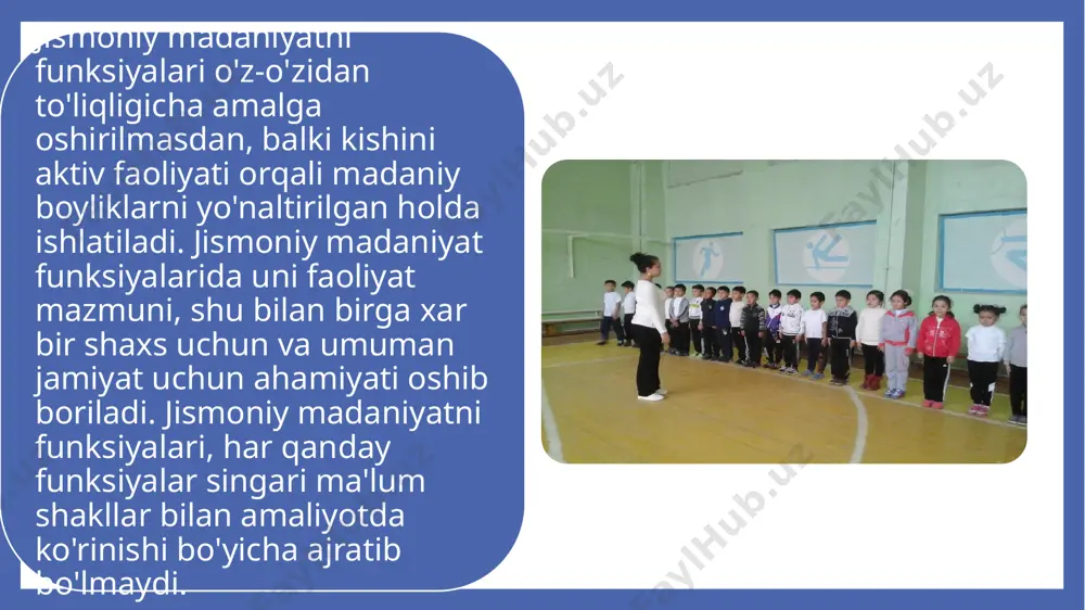 i kamaytirib, asr kasali gipodinamiyani yaratdi. jismoniy madaniyatning bu funksiyalarini amalga oshirish ob'ektiv ravishda faqatgina kishining jismoniy sifatlarigagina bog'liq bo'lib qolmasdan, balki uning ruhiy va shaxsiy sifatlariga ham bog'liqdir. umumiy funksiyalari. madaniyatga taalluqli bo'lgan hamma umumiy funksiyalar, u yoki bu holda jismoniy madaniyat sohasida ham ko'rinadi. 1) estetik funksiyasi. jismoniy madaniyatni o'ziga xos xususiyatlari bilan bevosita bog'liq bo'lib, insonlarni jismoniy kamolotga, sog'lom bo'lishga, umumiy garmonik rivojlanishiga bo'lgan talablarini qondiradi. shuning uchun ham har xil san'at turlarida jismoniy madaniyat turlarini qayd qilish keng yo'l olgan bo'lsa, sportning o'zi ham san'atning ko'pgina ko'rinishlarini qabul qiladi. normativ funksiyasi. jismoniy madaniyatni jamiyatdagi amaliyotda ishlatilishi bilan, ma'lum mezonlar ishlab chiqiladi va mustahkamlanadi. bular esa tartiblashtirilgan, sport ko'rsatkichlarini me'yorlashtirilgan ko'rsatkichi, jismoniy kamolotning umumiy kriteriyalari, jismoniy yuklamani me'yorlashtirish qoidalari va h.k. bo'ladi.bular amaliyotda "alpomish" va "barchinoy" sport majmuasi va o'zbekiston respublikasi sport klassifikatsiyasida yaxshi ko'rsatilgan. axborot funksiyasi. jismoniy madaniyat vositalari va ularni ko'paytirish yo'lida, avloddan avlodga qimmatbaho …