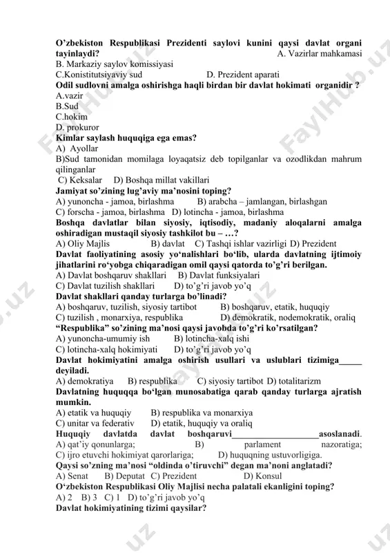 lar d)diskriminatsiya fuqarolik nima? a)bu insonning aniq bir davlat bilan huquqiy aloqalaridir. b)davlat o`z qonunlarida insonning huquqiy maqomini c) davlat o`z qonunlarida insonning huquqiy maqomini , ya`ni insonning davlatga , uning organlariga va boshqa shaxslarga nisbatan mavqeyini belgilaydi. d)a va c “bola huquqlari to`g`risidagi konvensiya” qachon qabul qilingan? a)1989-yil b) 1990-yil c)1995-yil d)1988-yil _____________- kishilarning xulq-atvoriga, ularning xatti –harakatlariga va odatlariga ta`sir o`tkazish imkoniyatidir. a)davlat b) jamiyat c) fuqarolik jamiyati * d) hokimiyat o’zbekiston respublikasi prezidenti saylovi kunini qaysi davlat organi tayinlaydi? a. vazirlar mahkamasi b. markaziy saylov komissiyasi c.konistitutsiyaviy sud d. prezident aparati odil sudlovni amalga oshirishga haqli birdan bir davlat hokimati organidir ? a.vazir b.sud c.hokim d. prokuror kimlar saylash huquqiga ega emas? a) ayollar b)sud tamonidan momilaga loyaqatsiz deb topilganlar va ozodlikdan mahrum qilinganlar c) keksalar d) boshqa millat vakillari jamiyat so’zining lug’aviy ma’nosini toping? a) yunoncha - jamoa, birlashma b) arabcha – jamlangan, birlashgan c) forscha …