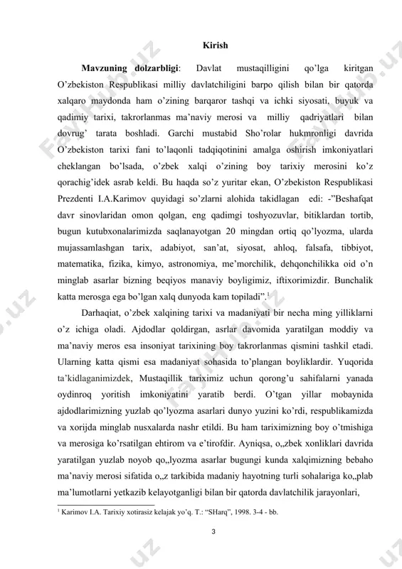 i. dastlabki davr tarixchilari tomonidan xonlik tarixining turli sohalari dastlabki tasavvurlar va ayrim to’liq bo’lmagan ma’lumotlar asosida yoritib berilganligi bilan alohida xususiyatga ega.2 bunday tarixchilar va tadqiqotchilar qatorida xx-asr boshlarigacha ijod qilgan va tarixiy asarlar yozib qoldirgan bir qator rus tarixchilarini ko’rsatib o’tish mumkin. jumladan, xonlikka elchilik ishlari bilan kelgan kishilar, xususan f.nazarov,3 n.i.potanin,4 v.vvelyaminov- zernov, 5 m.n.galkin 6 hamda a.nurekin 7 kabilarning asarlarini va elchilik hisobotlarini kiritish mumkin. bir qator tadqiqotchilar esa xonlik tarixini o’z asarlarida u yoki bu jihatlarini yoritib o’tishga harakat qildilar. bunday 2 илҳомов з. қўқон хонлиги тарихшунослигининг айрим масалалари (тахлил ва мулохазалар). т.2007. 9-б. 3nazarov f.zapiski o nekokotorix narodax i zemlyax sredney chasti azii.azii.1821.takje.zapiski o nekotorix narodax i zemlyax sredney chasti azii. m.nauka.1968.76-s. 4zapiski o kokandskom xanstve xorunjego potanina.turkestanskiy sbornik. t.389.voyenniy jurnal.1831.35-s. 5velyaminov-zernov v.v.istoricheskiy,izvestiya okokandskom xanstve ot muhammed ali do xudayarxana.1856.327-371ss.svedeniya o kokandskom xanstve\\ vestnik russkogo geografichesskogo obshestva. 1856. t.18.108-151-ss. 6 galkin m.n.kratkaya zapiska ob …