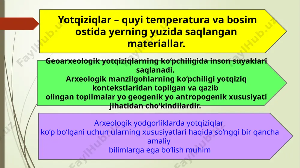 qiziqlar suyuqlikdan ajralib chiqadigan to‘g‘ridan to‘g‘ri ximikatlar orqali ishlab chiqariladi. kuchli bug‘lanish bilan namchil hududlardagi ko‘llar kimyoviy minerallarning ko‘pchiligini namoyon qiladi. jumladan, tuz qatlamini, gipsni (kalsiy sulfat), kalsit yoki aroganit (har ikkisi kalsiy karbonatning shakli)ni hosil qiladi. g‘or muhitidagi kimyoviy yotqiziqlar ta’sirida kalsiy karbonat shakllari saqlanib qolinadi (travertinli yoki tosh uyumli yotqiziqlar). bular odatda kalsit yoki arogonitdan tashkil topadi. ammo boshqa maxsus minerallar fosfor natriy yoki sulfatdan iborat. kimyoviy yotqiziqlar geoarxeologik kontekstlardan biri bo‘lib, ular gearxeologik hududlarda va qatlamlarning asosida shakllanadi. ochiq havo kontekstida, bug‘lanish baland bo‘lgan hududlarda, kimyoviy yotqiziqlar eski ko‘l o‘zanlari va yotqiziqlarga o‘xshagan hududiy yuza qismlari bilan aloqador hisoblanadi. kimyoviy yotqiziqlar o‘lik dengizi sohillaridagi so‘nggi pleystotsen davrida rivojlangan g‘orlarda, lizan ko‘lidagi qatlamdan topilgan yer shari yuzasining yarmidan ko‘pini batial va abissal terrigenli, organogenli, xemogenli va vulkanogenli cho‘kindilar egallab yotadi. shelflarda shakllanadigan cho‘kindilar talaygina kam maydonlarda rivojlanganlar. g‘orlar kimyoviy yotqiziqlarni ajabtovur ko‘rinishlaridan biri hisoblanadi. ular o‘z ichiga quyidagi …