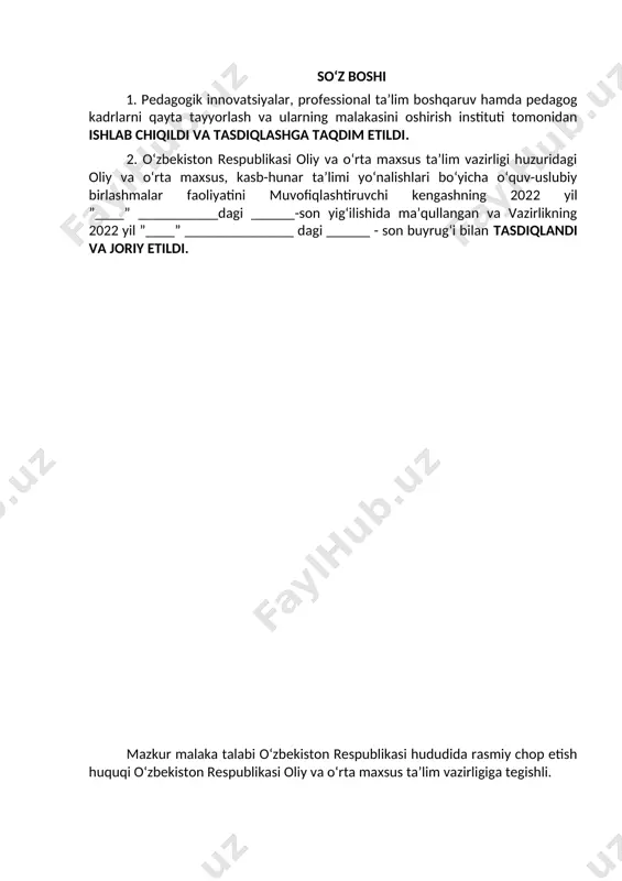 alabi o‘zbekiston respublikasida avtomobillarni yig‘ish va sinash mutaxassisligi bo‘yicha kadrlar tayyorlashning zaruriy bilimlar mazmuni va kasbiy kompetensiyasiga qo‘yiladigan talablarni va pirovard maqsadlarini, shuningdek ta’lim oluvchilarning o‘quv yuklamalari hajmi va standart talablarini bajarilishi nazoratini belgilaydi. malaka talabi ta’lim oluvchilarning kasbiy tayyorgarligi sifati va kasbiy kompetensiyasini baholashda hamda ta’lim muassasalarini attestatsiyadan o‘tkazishda asosiy mezon hisoblanadi. mazkur talablarning bajarilishi professional ta’lim muassasalarining bitiruvchilariga professional ta’limning tegishli darajasini olganligi to‘g‘risida davlat namunasidagi hujjat berilishi uchun asos hisoblanadi. malaka talabi ta’limni boshqarish davlat organlari va ta’lim faoliyati sub’ektlari tomonidan, idoraviy bo‘ysunuvi va mulkchilik shakllaridan qat’iy nazar, tadbiq etilishi majburiydir. ushbu malaka talabi avtomobillarni yig‘ish va sinash bo‘yicha texnik kasblarining (н04.003.169.0851/б-20-son) va “b” yoki “bc” toifali avtomobil haydovchisi (yuk avtomobillari uchun h04.169.0845/б-20-son va yengil avtomobillari uchun h04.169.0846/б-20-son) kasblarining tasdiqlangan kasbiy standart asosida ishlab chiqildi. 2. kasbiy ta’lim xususiyati 2.1. 40711403-avtomobillarni yig‘ish va sinash mutaxassisligi doirasida beriladigan kvalifikatsiyalar: 1. avtomobillarni yig‘ish va sinash bo‘yicha texnik. 2. “b” …
