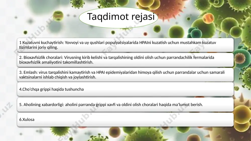 ridaeo ilasiga mansub bo‘lib , o‘zining komplement bog‘lovchi antigeni ( fnk) orqali odamlar va hayvonlarning a gripp virusi bilan bog‘liq. virion polimorfizm, ustun sharsimon shakl va o‘lchami 60-180 nmbilan tavsiflanadi . virion lipoproteinlikonvertga ega bo‘lib, uning ustida radial tarzda joylashgan tikanlar joylashgan bo‘lib, u katlanmış rnp halqasini o‘rab oladi . virion genomi 6 yoki undan ortiq turdagi rnkdan iborat. virus yuqumli, gemagglyutinatsiya qiluvchi va neyraminidaza faolligiga ega. 10-11 kunlik tovuq embrionlarini rivojlantirishda yaxshi ko‘payadi . virusni o‘z ichiga olgan allantoik suyuqlik ko‘plab hayvonlar turlarining qizil qon hujayralarini aglutinatsiya qilish qobiliyatiga ega . virus to‘qima madaniyatida o‘stirilganda, ko‘plab shtammlar sitopatik ta'sirga ega va gemodsorbsion xususiyatlarga ega. qushlarning turli turlaridan ajratilgan parranda grippi virusi shtammlari virulentligi, patogenlik spektri va sirt antijenlarining tuzilishi ( gemagglyutinin va neyraminidaza ) bilan farq qilishi mumkin. natriy gidroksid va fenolning 3% eritmasi va formaldegidning 0,1% eritmasi ta'sirida virus tezda inaktivlanadi . past haroratlarda va quritishda uzoq vaqt …