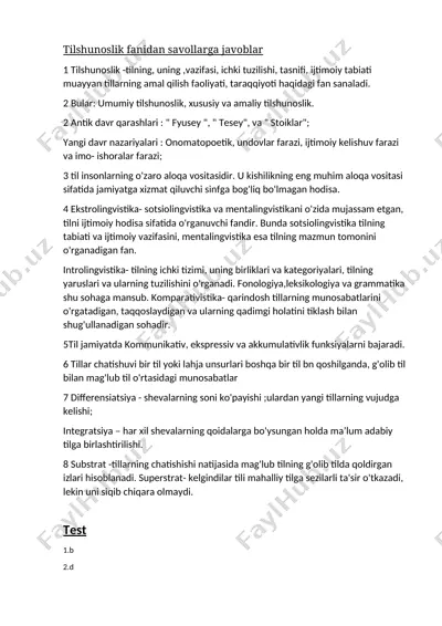 tilshunoslik fanidan savollarga javoblar — DOCX