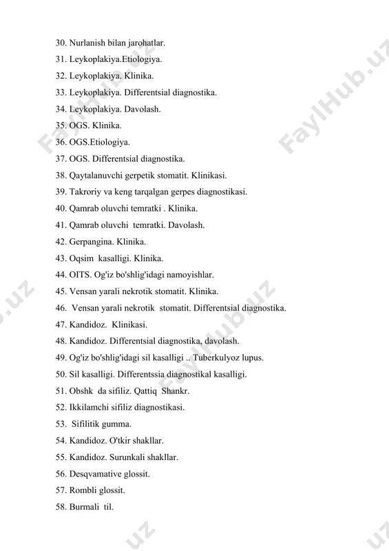 ksudativ shakl. 62. glandular xeylit. 63. atopik xeylit. 64. aktinik xeylit. 65. metereologik xeylit. 66. doimiy labda yorilish. 67. kop shakilli eksudativ eritema .etiologiya. klinika. 68. kop shakilli eksudativ eritema. differentsial diagnostika. davolash. 69. qizil yassi temratki. etiologiya. klinikasi. 70. qizil yassi temratki. differentsial diagnostika. davolash. 71. kvinke shishishi. 72 kontaktli va toksik-allergik stomatit. 73. pemfigoid klinikasi. 74. pursildok nikolskiy simptomi 1. 75 nikolskiyning simptomi 2. 76. nikolskiyning alomati 3. 77. asbo-xans simptomi. 78. taxlangan odyol simptomi. 79 toshli yol simptomi. 80 papiros qog'ozi simptomi. 81. kokaradaning simptomi. 82. pemfigoid. klinika. 83. pemfigoid. differentsial diagnostika. davolash. 84. simop stomatit. klinikasi. 85 qo'rg'oshin stomatit. 86 vismut stomatit. 87. leykoz klinikasida leykemiya. 88. trombotsitopenik purpura.og'iz shilliq qavatining o'zgarishi. 89. gastritdagi obchk ning o'zgarishi. 90. oshqozon yarasida og'iz bochligida o'zgarishi. 91. kollits holatida obchk da o'zgartirishlar. 92. gipertonik kasallikdagi odchk ning o'zgarishi. 93 makroheylit klinikasi. differentsial diagnostika. 94. qandli diabet. obchk-da o'zgartirishlar. 95 …