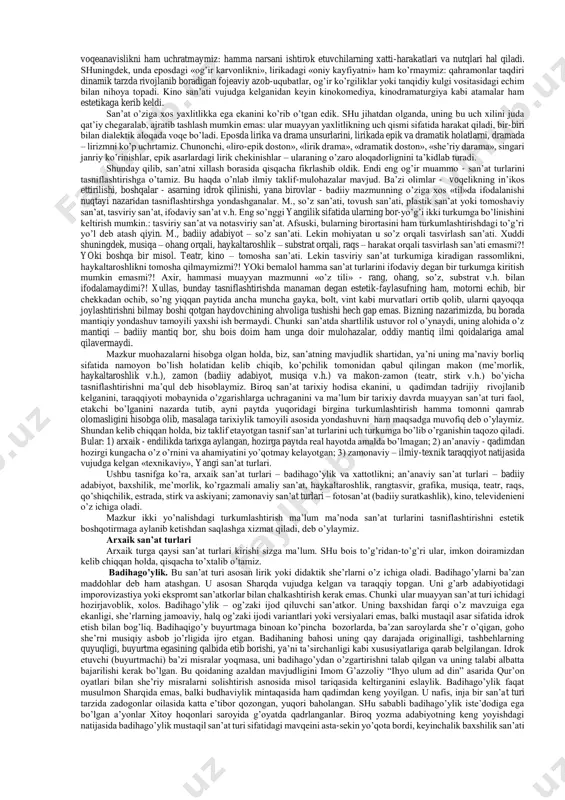 slar va tuyg’ular olamiga singib borib ularni yig’latadi, kuldiradi, o’ylashga majbur qiladi. shuning uchun bo’lsa kerak san’at barcha davrlarda insonga hamroh bo’lib kelgan. san’at o’zining estetik bisotini to’laligicha namoyon qilishi uchun ham tarbiya jarayoni bilan chambarchas bog’lanadi. chunonchi, inson tafakkurini go’zallashtirish estetikaning tadqiqot obyekti hisoblansa, estetik tarbiyaning predmeti esa ma’naviy dunyoni inson tomonidan estetik anglash bilan belgilanadi. san’at xillari va turlarini tasniflashtirish muammosi tasniflashtirish avvalo san’atni xillashdan boshlanadi. san’at an’anaviy tarzda uch xilga bo’lib kelinadi: 1) epos; 2) lirika; 3) drama. «epos» atamasi qadimgi yunonchadan olingan bo’lib, so’z, hikoya, qissa ma’nolarini anglatadi. unda muallifning o’zi aralashmagan holda voqeanavislik qilishi, ya’ni ijodkor-sub’ektdan voqelik-ob’ekt alohidalik tabiatiga egaligi eng muhim belgi hisoblanadi. u dastlab badiiy adabiyot doirasida qo’llanilgani uchun hozir ham ba’zilar uni faqat og’zaki va yozma adabiyot namunalariga nisbatan tadbiq etishga urinadilar. bunga qo’shilib bo’lmaydi. chunki san’at turlari ravnaq topib borishi natijasida hozir eposni epiklik ma’nosida qo’llash, boshqa san’at turlariga ham nisbat …
