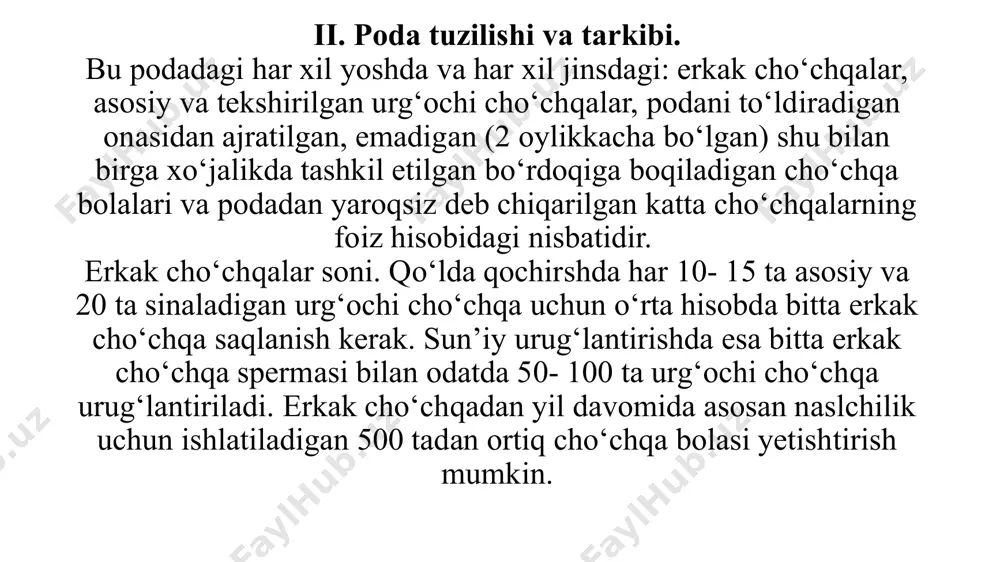 ijasida yaratilgan. rangi oq. erkagining tirik vazni 250- 300 kg, urg‘ochilariniki 235 kg. yaxshi boqilganda 7- 8 oyligida 95- 100 kg vaznga ega bo‘ladi, 10- 12 tagacha bola tug‘adi. landras zoti. bu go‘shtdor tipdagi zot bo‘lib, xx asrning boshida daniyada yaratilgan. har- xil sharoitga tez moslashadi, tez semiradi. go‘sht chiqimi yuqori. 12- 14 tagacha bola tug‘adi. erkaklarining tirik vazni 300- 330 kg, urg‘ochilariniki 220- 235 kg. bretov zoti. bu zot yaroslav viloyatida yevropa uzunqulok cho‘chqalarini yirik oq va angiliya zoti bilan chatishtirish natijasida yaratilgan. rangi oq, yog‘ uchun boqiladi. erkaklarining tirik vazni 250- 300 kg, urg‘ochilariniki 220- 235 kg. yog‘ining qalinligi 14- 16 sm ga etadi. liven zoti. bu zot orel viloyatida mahalliy cho‘chqalarni yirik oq, berkshir zotlari bilan chatishtirish natijasida chiqarilgan. mirgorod zoti. bu zot poltava viloyatining mirgorod tumanida mahalliy qora-ola cho‘chqalarni yirik oq berkshir, temvor zotlarini chatishtirish natijasida kelib chiqqan. rangi ola- qora. yog‘ uchun boqiladi. erkagining tirik …