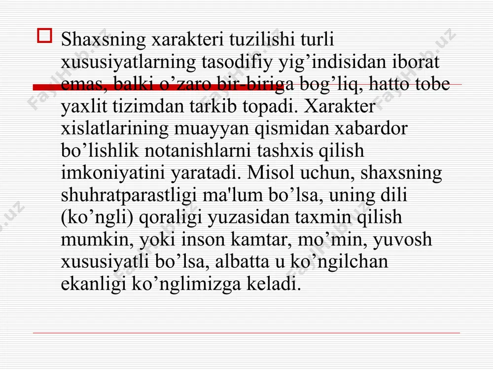 atlar (izzat-nafslilik, shuhratparastlik, mag’rurlik, o’zini katta olish, kamtarlik kabilar). xarakterning tarkibi faqat ayrim xususiyatlarining o’zaro bog’liqligi bilan emas, balki bir butun xarakterga xos bo’lgan xususiyatlar bilan belgilanadi. xarakterning xususiyatlari jumlasiga birinchidan, ularning chuqurlik darajasi kiradi. shaxsning markaziy, asosiy munosabatlari bilan belgilanadigan xususiyatlarini biz xarakterni bir muncha chuqurroq xususiyatlari deb ataymiz. masalan, barkamol shaxsda odamlarga, jamoa va mehnatga nisbatan vijdonan munosabatda bo’lish bilan belgilanadigan xususiyatlar chuqurroq xususiyatlar hisoblanadi. ikkinchidan, xarakter kuchi yoki faolligi. xarakter faolligi xarakter xususiyatlarining kishini biror narsaga qarshilik ko’rsatish darajasi bilan belgilanadi. uchinchidan, xarakterning tarkibiy xususiyatlariga uning barqarorlik va o’zgaruvchanlik darajasi kiradi. xarakter barqarorligi va o’zgaruvchanligi ham moslashish faoliyatining zarur shartlaridandir. xarakter ma'lum darajada plastikdir (egiluvchandir). xarakterning plastikligi ikki xil ma'noga ega, birinchidan, xarakterning barqarorligi singari muhim faol ta'sir qilishidir. ikkinchidan, xarakter ma'lum darajada plastik bo’lganligi uchungina istalgan odamning xarakterini qayta tarbiyalay olamiz. kishiga mustahkamlanib, uning shaxsiy xususiyatiga aylanib qolgan iroda sifatlari xarakterning iroda bilan bog’liq bo’lgan xislatlaridan, …
