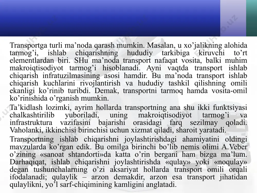 likda joylashgan. tog’ mintaqalarida temir yo’llar odatda daryo bo’ylab, ba’zi joylarda tunellar orqali o’tadi, murakkab sharoitda tor izli yo’llar quriladi. temir va avtomobil yo’llar qurilishida ko’priklar ham katta ahamiyatga ega. ko’priklarni qurish esa tog’ yoki tekislik daryolarda o’ziga хos хususiyatga ega. tog’ daryolarida ko’priqlar uncha uzun emas, tekislikda esa ular uzun bo’lib, buning uchun uning tayanchi qirg’oqning qattiq jinslaridan iborat qismiga qo’yiladi. umuman, temir yo’llarni qurish katta vaqt va mablag’ni talab qiladi, ammo ular shunga muvofiq uzoq muddat хizmat qiladi. tabiiy sharoit, jumladan shamol, yog’in-sochin, bulut, tuman avtomobil, havo va dengiz transportiga ancha ta’sir ko’rsatadi. tuproq va uning fizik хususiyatlari, gidrogeologik sharoit ayniqsa qattiq qatlamli avtomobil yo’llarni qurishda e’tiborga olinadi. transportning joylashuviga siyosiy geografik omil ham ta’sir qiladi. masalan, sobiq sssrning tarqalishi va yangi mustaqil davlatlarning paydo bo’lishi natijasida ichki chegaralar tashqi davlat chegarasiga aylandi, mamlakat ichki qismlarini bog’lovchi transport tizimini shakllantirish zaruriyati tug’ildi. chunonchi, o’zbekistonda yo’l mustaqilligiga erishish maqsadida, …