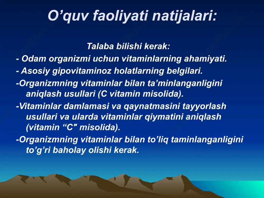 lab etiladi. kg tomonidan tayyorlangan eng optimal javob varianti tanlanib olinadi va ularga eng yuqori ball qo’yiladi, qolgan kg-lar esa javoblariga ko’ra pastroq ballga ega bo’ladilar. taklif etiladigan savollar 1. vitaminlar biologik ahamiyati. 2. vitaminlar iste’mol qilish uchun ta’sir etuvchi omillar. 3. organizmning vitaminlar bilan ta’minlanganligini belgilovchi sharoitlar. 4. avitaminoz, gipovitaminoz, gipervitaminoz deganda nima tushuniladi? 5. odamda «c» gipovitaminozi holatida namoyon bo’ladigan asosiy belgilar. 6. vitaminlarning asosiy manbalari qaysi asosiy ovqatli mahsulotlardir? 7. vitaminlarga fiziologik ehtiyojlar. 8. vitaminlarni to’liq saqlash uchun ovqat mahsulotlarga qanday ishlov beriladi? 9. organizmning vitaminlar bilan ta’minlanganligini aniqlashning qanday usullari bor? 10.tayyor ovqat maxsulotlarida vitamin «c» miqdorini aniqlash usullari. 11.gipovitaminozlarning oldini olish choralari. 15 amaliy qism a) vitamin “c" miqdorini peshobda aniqlash. № ko’nikma turi koeffitsient saralash ball maksimal ball 1 peshob yig’ish vaqti va chiqarilgan miqdorini belgilash 0,2 11 20 2 kolbaga 2 ml peshob, 2ml 5% li sirka kislotasi solish 0,2 11 20 3 …