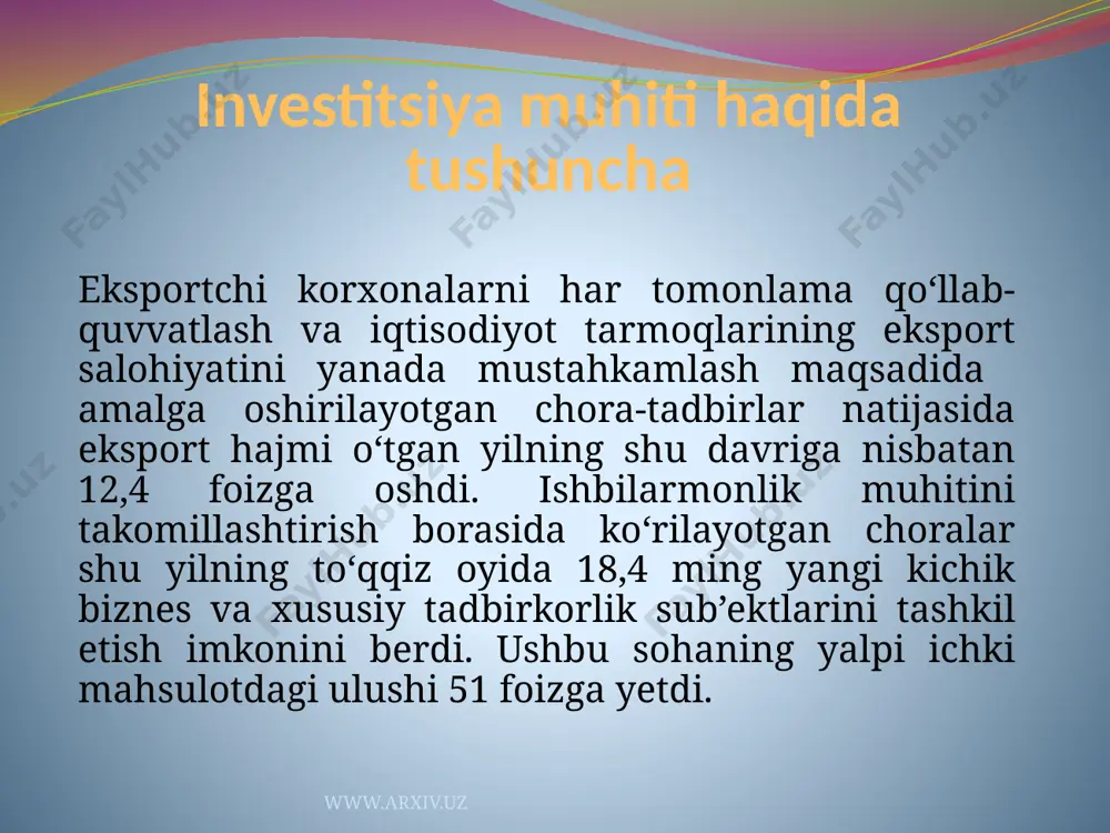 nologik qayta jihozlash (i-bosqich), samarqand viloyatida yuk avtomobillari va tarkibiy qismlarini ishlab chiqarish bo‘yicha yangi kompleksni tashkil qilish (ii bosqich – yig‘ish shlari), “white machine technology” mas’uliyati cheklangan jamiyati qo‘shma korxonasida lcd televizorlari ishlab chiqarishni yo‘lga qo‘yish, navoiy shahri aeroportida yo‘lovchi terminalini rekonstruksiya qilish, akademik v .vohidov nomidagi respublika ixtisoslashtirilgan jarrohlik markazi qoshidagi kardiojarrohlik bo‘limini rekonstruksiya qilish va jihozlash kabi qator loyihalar shular jumlasidandir. www.arxiv.uz muhim investitsiya loyihalari joriy yilda “navoiy” erkin industrial-iqtisodiy zonasi hududida ishga tushirilgan 11 ta korxona tomonidan umumiy qiymati 47,7 milliard so‘mlik mahsulot ishlab chiqarildi. bundan tashqari, “navoiy” erkin industrial-iqtisodiy zonasida 7 ta yangi investitsiya loyihasi amalga oshirilmoqda, shulardan 3 loyiha bo‘yicha ob’ektlarda qurilish- montaj ishlari bajarilmoqda. shuningdek, yangi tashkil etilgan «angren» maxsus industrial zonasi hududida qiymati 185,8 million dollarlik 8 ta investitsiya loyihasini amalga oshirish boshlandi. navoiy issiqlik elektr stansiyasida bug‘-gaz qurilmasi va gaz siqish kompressor stansiyasini qurish, “toshkent issiqlik elektr markazi” ochiq aksiyadorlik jamiyatida …