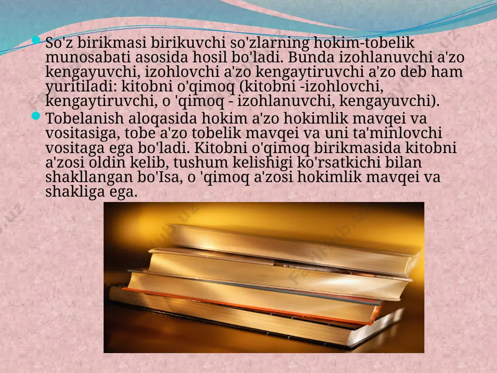 loqasi. sb va so'z. so'z bir tushunchani ifodalaydi. sbda esa birdan ortiq tushuncha munosabatga kirishgan holda voqelanadi. so'z asosida leksema va morfema hamda ularning birikuv qonuniyati yotsa, sbga leksemalar birikuvini tartibga soluvchi lsq asos bo'ladi. aytilganidek, so'zda tushuncha, ma'no keng va mavhum bo'ladi. so'z birikmasida esa bu kenglik va mavhumlik bir qadar barham topgan bo'ladi. masalan, qiziq kitob birikmasida kitobning bir belgisi namoyon bo'lgan. shu jihatdan u muayyanlik kasb etgan. ammo bu muayyanlik nisbiy va biryoqlama. chunki uning badiiy yoki ilmiyligi hali mavhum va noaniq. qiziq badiiy kitob birikmasida bu belgi ham muayyanlik kasb etadi. so'z birikmasida so'z boshqa so'zni o'ziga biriktirib kengayishi bilan ma'noviy jihatdan torayib boradi. demak, shakliy kengayish ma'noviy torayishni keltirib chiqarsa (so'z birikmasida), shakliy torlik (so'zda) ma'noviy kenglik bilan munosib. sbda ma'nolar o'zaro munosabatga kirishar ekan, bunda ular yaxlitlanib, bir «vujud»ga aylanib ketmaydi. bir-biriga qancha yaqinlashmasin, baribir o'z mustaqilliklarini saqlab qoladi. masalan, toza havo birikmasida bir …