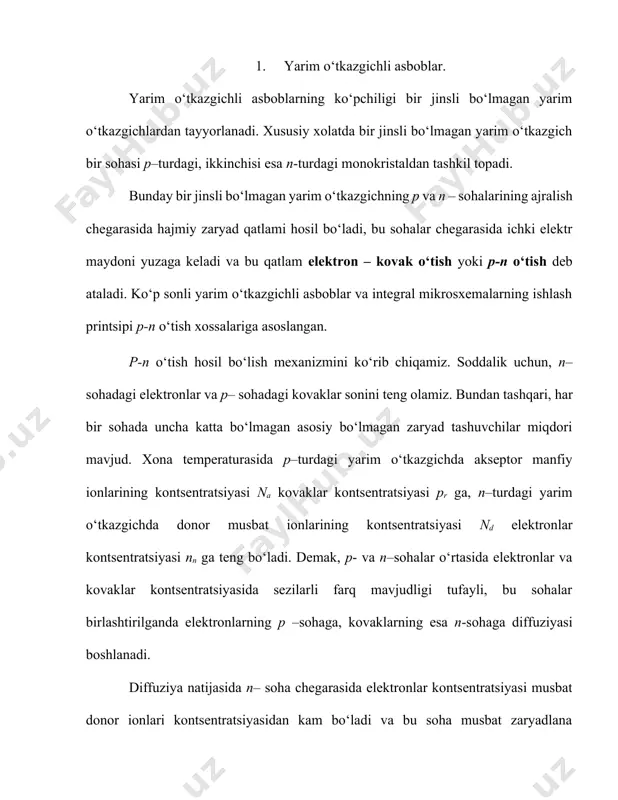 sil bo‘lgan ikki hajmiy zaryad qatlami p-n o‘tish deb ataladi. bu qatlam harakatchan zaryad tashuvchilar bilan kambag‘allashtirilgan. shuning uchun uning solishtirma qarshiligi p- va n–soha qarshiliklariga nisbatan juda katta. ba’zi adabiyotlarda bu qatlam kambag‘allashgan yoki i – soha deb ataladi. hajmiy zaryadlar turli ishoralarga ega bo‘ladilar va p-n o‘tishda kuchlanganligi e ga teng bo‘lgan elektr maydon hosil qiladilar. asosiy zaryad tashuvchilar uchun bu maydon tormozlovchi bo‘lib ta’sir ko‘rsatadi va ularni p-n o‘tish bo‘ylab erkin harakat qilishlariga qarshilik ko‘rsatadi. 1 b-rasmda o‘tish yuzasiga perpendikulyar bo‘lgan, x o‘qi bo‘ylab potentsial o‘zgarishi ko‘rsatilgan. bu vaqtda nol potentsial sifatida chegaraviy soha potentsiali qabul qilingan. 1-rasm rasmdan ko‘rinib turibdiki, p-n o‘tishda voltlarda ifodalanadigan kontakt potensiallar farqiga uk  n  p teng bo‘lgan potentsial to‘siq yuzaga keladi. uk kattaligi dastlabki yarim o‘tkazgich material ta’qiqlangan zona kengligi va kiritma kontsentratsiyasiga bog‘liq bo‘ladi. p-n o‘tish kontakt potensiallar farqi: germaniy uchun uk  0,35 v, kremniy uchun esa …