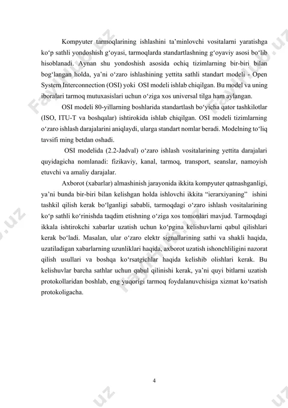 masalan, ular oʻzaro elektr signallarining sathi va shakli haqida, uzatiladigan xabarlarning uzunliklari haqida, axborot uzatish ishonchliligini nazorat qilish usullari va boshqa koʻrsatgichlar haqida kelishib olishlari kerak. bu kelishuvlar barcha sathlar uchun qabul qilinishi kerak, ya’ni quyi bitlarni uzatish protokollaridan boshlab, eng yuqorigi tarmoq foydalanuvchisiga xizmat koʻrsatish protokoligacha. 2.12-rasm. osi modelining tarmoqga bogʻliq va bogʻliq boʻlmagan protokollari 6.(4.).lokal hisoblash tarmoqlari 2.4.1. lanni tashkil etish tamoyillari mahalliy hisoblash tarmoqlari mahalliy tarmoq (lan, mahalliy tarmoq, lan) - bu qisqa masofalarga (bir necha oʻn metrdan bir necha kilometrgacha), qoida tariqasida, 1 mbit / e dan kam boʻlmagan tezlikda ma’lumotlarni uzatishni ta'minlaydigan kompyuter tarmogʻi. lanlarga misollar: ethernet, token ring, fddi. 2.4.2. lan xususiyatlari 1. hududiy qamrov - bir necha oʻn metrdan bir necha kilometrgacha. 2. odatda shaxsiy kompyuterlar va boshqa elektron ofis uskunalarini ulaydi, bu foydalanuvchilarga ma’lumot almashish va printerlar, modemlar va saqlash moslamalari kabi samarali birgalikda foydalaniladigan resurslarni almashish imkonini beradi. 3.interfeys seriyali. 4. …