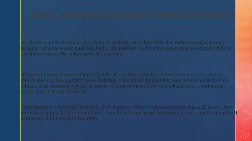 emor ma'lumotlar bazasidan foydalanib, o'zbekiston tibbiyot akademiyasi tomonidan ishlab chiqilgan yangi algoritmning aniqlik darajasi 95% ga yetkazildi. 2023-yilgi tadqiqotlar shuni ko'rsatdiki, tokio universiteti mutaxassislari tomonidan taklif qilingan algoritmning murakkabligi 30% ga kamaytirilishi natijasida hisoblash vaqti 10 soniyadan 2 soniyagacha qisqardi. muammoning aniqlanishi va formulalashtirish differensial diagnostika jarayonida, kamida 2 ta, ba'zan 5 yoki undan ortiq mumkin bo'lgan tashxislar (masalan, o'tkir miokard infarkti, pnevmoniya) ko'rib chiqiladi va ularni farqlash uchun qo'shimcha tekshiruvlar o'tkaziladi. muammoning formulalashtirilishi, xalqaro kasalliklar tasnifining (mkb-10) kodlari yordamida, bemorning asosiy shikoyatini va uning etiologiyasini aniq va qisqacha ifodalashni o'z ichiga oladi. muammoning aniqlanishi bemorning shikoyatlari, anamnezi (masalan, 35 yoshli erkak, toshkent shahridan), va fizik tekshiruv natijalari (qon bosimi 160/90 mm hg) kabi ma'lumotlarga asoslanadi. e'tiboringiz uchun rahmat @taqdimot_robot image2.png image3.png