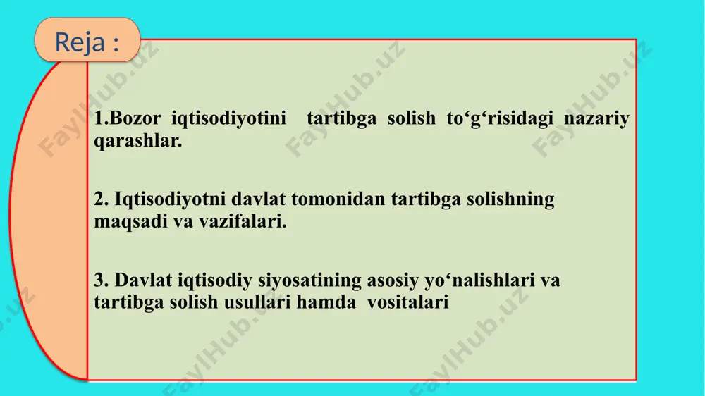 ozorni tartibga solish, ya'ni talab va taklif ta'sirida o’rnatiladigan narxlarni o’zgartirish yo'li bilan imtiyozli narxlarni va ish xaqining eng kam (minimal) darajasini belgilash xamda o'zgartirish orqali soliq imtiyozlarini belgilash yordamida 6 resurslarni taqsimlash (qayta taqsimlash) vazifasi iste'molchilarning tovar (va xizmat) lar aniq turini xarid qilish layoqatini oshirish orqali talabni kengaytiradi va ular foydasiga resurslar qayta taqsimlanadi. davlat ayrim tovarlar taklifini ko'paytirish maqsadida ishlab chiqarishni subsidiyalaydi va shu orqali ularga resurslar oqimini ta'minlaydi. davlat ayrim tovarlar va ijtimoiy ne'matlarni ishlab chiqaruvchisi sifatida chiqib, byudjet mablagʻlari xisobiga resurslarni xususiy soxada qo'llashdan bo'shatadi. raqobatli bozor tizimining resurslarni qayta taqsimlashga layoqatsizligini koʻrsatuvchi holatlar bozor tizimi ayrim tovarlar va xizmatlarning kam miqdorini ishlab chiqaradi. ishlab chiqarishi oʻzini oqlamagan, ya'ni foyda keltirmaydigan tovarlar va xizmatlarga resurslar ajratilmaydi. iqtisodiyotni barqarorlashtirish va iqtisodiy oʻsishni ragʻbatlantirish vazifasi iqtisodiyotda toʻliq bandlikni ta'minlash (davlat investisiyalarini koʻpaytirish, xususiy sektor sarflarini ragʻbatlantirish orqali); soliqlarni kamaytirish yoki soliq stavkalarini pasaytirish; dotasiya va subsidiyalar berish; …