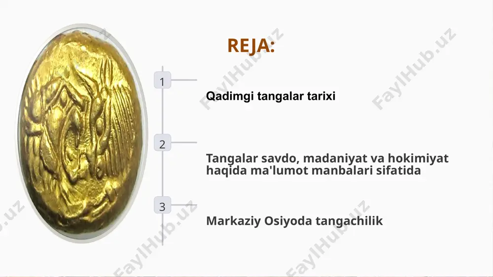 bilan numizmatika fani shug‘illanadi. numisma — «tanga» (lotincha) demakdir. tanga birinchi galda — pul, ya'ni tovar oldi-sotdi munosabatlarining qiymat belgisi va qiymat ashyosi. insoniyat hayotida uning o‘mi va roli beqiyos darajada katta bo‘lib kelgan. 9 qadimgi tangalar tarixi tanga (pul shakli sifatida) paydo bo‘lmasdan avval «savdo» muno- sabatlarining mohiyati amalda almashuvdan iborat bo‘lgan desak xato bo‘lmaydi. almashuv zaruriyati esa, o‘z navbatida mehnat taqsimotining oqibati edi. sof ma'noda to‘la-to‘kis natural xo‘jalik jamiyat taraqqiyotini ta'minlashga qodir emas edi. zero, buning majmui o‘zi uchun barcha zarur narsalarni ishtab chiqarishga qodir emas edi. shu sababli o‘z imkoniyati va mehnat turining mahsulotidaıı ortiqchasini boshqa xo‘ja1ikda yetish- tirilgan, lekin qo‘shni, uzoq yaqin jamoalarda yetishtirilgan mahsulotga almashtirish zaruriyati doimo ko‘ndalang bo‘laverar edi. 10 tanga anatomiyasi agar "anatomik" tahlil o'tkazilsa, tanga nechta sirtlarga ega ekanligi ayon bo'ladi tangalar aversi (yuzi) va reversi (orqa tomoni) maydon: tanganing silliq fon yuzasi. gurt – qirra, tanganing yon tomoni, hoshiyasi chet: tanganing …