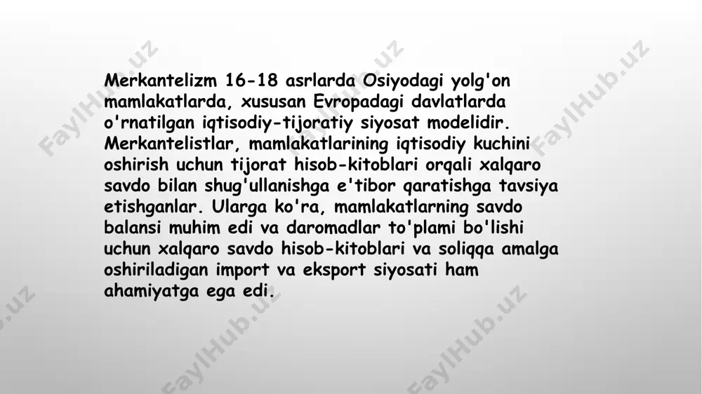 mining iqtisodiy o‘sish va jamiyat farovonligini oshirishdagi kuchiga ishonishgan. klassik maktabning asosiy g‘oyalari va ta’limoti 1. ko‘rinmas qo‘l va erkin bozor ko‘rinmas qo‘l: adam smitning mashhur "ko‘rinmas qo‘l" nazariyasiga ko‘ra, har bir shaxs o‘z manfaatini ko‘zlab iqtisodiy faoliyat bilan shug‘ullansa, bu jamiyatning umumiy farovonligiga xizmat qiladi. 2. mehnat qiymat nazariyasi mehnatning qiymatga ta’siri: klassik iqtisodchilarning fikriga ko‘ra, mahsulotning qiymati unga sarflangan mehnatga bog‘liq. 3. bozorning "ko‘rinmas qo‘li" va erkin bozor g‘oyasi klassik iqtisodiy maktabning asosiy g‘oyasi bozorning "ko‘rinmas qo‘li" konsepsiyasi bo‘lib, bu adam smit tomonidan ilgari surilgan. ya'ni, bozor o‘zini o‘zi tartibga solish qobiliyatiga ega va davlatning iqtisodiyotga aralashuvi cheklanishi kerak. 4. mehnat va qiymat nazariyasi klassik iqtisodchilar mehnatni asosiy boylik manbai deb bilganlar. adam smit va david rikardo kabi iqtisodchilar mehnatning qanchalik uzoq davom etishi yoki qanchalik qiyin bo‘lishi mahsulot qiymatiga bevosita ta'sir qiladi, deb hisoblashgan. 5. erkin savdo va xalqaro iqtisodiyot klassik iqtisodchilar xalqaro savdo erkin bo'lishi kerak …
