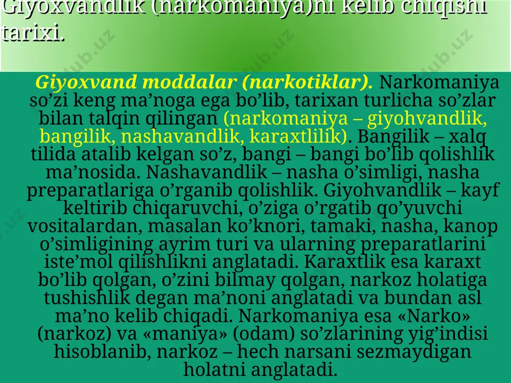 hlik 1. narkotiklarni tibbiyot amaliyotida qo’llashliklarni kuchli nazorat ostiga olishlik. 2. qonunga xilof ravishda narkotik moddalarni yetishtirish va ishlab chiqarilishiga yo’l qo’ymaslik. 3. narkotik moddalarga ega bo’lishlik. 4. narkotik moddalarni saqlash. 5. narkotik moddalarni bir joydan boshqa joylarga etkazish. 6. narkotik moddalarni o’tkazish va sotish. 7. narkotik moddani ayrim shaxslar tomonidan sun’iy holda ishlab chiqarishlikka yo’l qo’ymaslik. 8. ko’knori o’simligini o’stirib etkazish va boshqalar. yuqorida qayd etilgan masalalarning hammasi shaxsiy javobgarlikka tortish uchun asos hisoblanadi. va eng muhimi narkomaniyaning oldini olish — spid (oits) va vich-infektsiyadan-saqlanishdir. e’tiboringiz uchun tashakkur