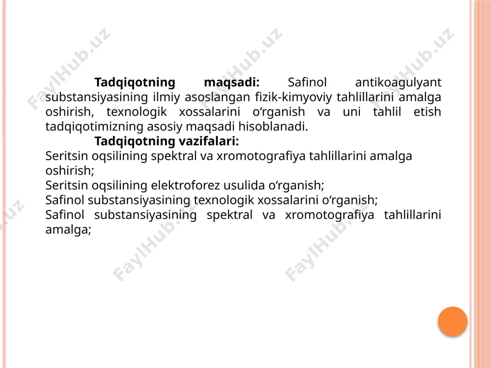 lizni koʻchaytiruvchi moddalar; 2. qon ivishini koʻchaytirib fibrinoliz jarayonini sekinlashtiruvchi moddalar.[23] antikoagulyantlar asosan, fibrin iplarining, tromblarning hosil boʻlishiga toʻsqinlik qiladi va paydo boʻlgan tromblarning rivojlanishiga yoʻl qoʻymaydi. fibrinolitik moddalar hosil boʻlgan fibrin iplarini buzadi va paydo boʻlgan yangi tromblarning soʻrilib ketishini taʼminlaydi. antiagregantlar trombotsitlar va eritrotsitlarning agregatsiya va adgeziya holatlarini ingibirlaydi, yaʼni ularning oʻzaro bir - birlari bilan va qon-tomir endotelial qavatiga yopishish qobiliyatlarini pasaytiradi, shuningdek agregatsiyalangan qon plastinkalarining dezagregatsiyasini yuzaga keltiradi. gemostatik preparatlarni qoʻyidagi guruhlarga boʻlish mumkin: vitamin k guruhi preparatlari; sintetik va tabiiy fibrinoliz ingibitorlari; trombotsitlar adgeziyasi va agregatsiyasi stimulyatorlari; tromboplastin hosil boʻlish faolatorlari; geparin antogonistlari; vazopressin analoglari; qon ivish omillari yetishmasligida qoʻllaniladigan preparatlar; safinol antikoagulyanti va uning tavsifi. respublikamizda mahalliy xom ashyolar asosida dori vositalarni ishlab chiqarish, aholini sifatli va arzon preparatlar bilan taʼminlashga alohida eʼtibor qaratilib, muayyan ilmiy natijalarga erishilmoqda. 2017-2021-yillarga moʻljallangan harakatlar strategiyasining toʻrtinchi bobida ―.farmatsevtika sanoatini yanada jadal rivojlantirish, aholi va davolash profilaktika muassalarini …