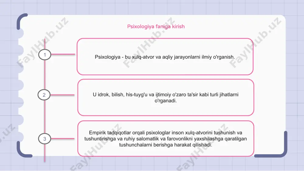 igimizni shakllantirishda, shu jumladan ma'lum xatti-harakatlar va xususiyatlarga moyilligimizda rol o'ynaydi. tadqiqotning yana bir muhim yo'nalishi - bu xatti-harakatlardagi gormonlarning roli. testosteron va estrogen kabi gormonlar bizning kayfiyatimizga, tajovuzkorlikka va xatti-harakatlarning boshqa jihatlariga ta'sir qilishi mumkin. kognitiv jarayonlar va ruhiy holatlar psixologiya fani kognitiv jarayonlarni o'rganishga qaratilgan bo'lib, ular axborotni olish, qayta ishlash va foydalanish bilan bog'liq aqliy faoliyatni anglatadi. kognitiv jarayonlarga idrok, diqqat, xotira, til, muammoni hal qilish va qaror qabul qilish kiradi. kognitiv jarayonlarni tushunish hissiyotlar, fikrlar, e'tiqodlar va munosabatlar kabi ruhiy holatlarni tushuntirishga yordam beradi. 1 2 3 rivojlanish psixologiyasi: tug'ilishdan o'limgacha rivojlanish psixologiyasi insonning tug'ilishdan to o'limgacha bo'lgan hayoti davomida qanday o'sishi va o'zgarishini o'rganishga qaratilgan. u jismoniy, kognitiv va ijtimoiy-emotsional rivojlanishni o'rganadi. u genetika va atrof-muhit omillari rivojlanishga qanday ta'sir qilishini o'rganadi va bolalik va o'smirlikdagi tajribalar biz kattalar bo'lib qolishimizni qanday shakllantirishini tushunishga qaratilgan. psixologiyaning bu sohasi, ayniqsa, go'daklik, bolalik, o'smirlik va qarilik kabi …