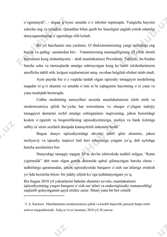 rlikning iqtisodiyotimizga, moliya va bank tizimiga salbiy ta`sirini sezilarli darajada kamaytirish imkonini berdi.1 bugun dunyo iqtisodiyotidagi ahvolni tahlil qilar ekanmiz, jahon moliyaviy va iqtsodiy inqirozi hali beri nihoyasiga yetgani yо`q, deb aytishga barcha asoslarimiz bor. dunyodagi taraqqiy topgan 20 ta davlat ishtirokida tashkil etilgan, “katta yigirmalik” deb nom olgan guruh doirasida qabul qilinayotgan barcha chora - tadbirlarga qaramasdan, jahon iqtisodiyotida barqaror о`sish sur`atlariga erishish yо`lida hozircha biron- bir jiddiy siljish kо`zga tashlanayotgani yо`q. biz bugun 2010 yil yakunlarini baholar ekanmiz avvalo, mamlakatimiz iqtisodiyotining yuqori barqaror о`sish sur`atlari va makroiqtisodiy mutanosibligi saqlanib qolayotganini qayd etishiz zarur. shuni yana bir bor eslatib о`tmoqchimanki, deb ta`kidlaydi prezidentimiz, yurtimizda yalpi ichki mahsulotning о`sish sur`atlari 2008 yilda 9 foiz, 2009 yilda 8,1 foiz, 2010 yilda esa 8,5 foizni tashkil etdi. jahon moliya institutlarining xulosasiga kо`ra, bu dunyo bitiruv malakaviy ishimning mazmuni: bitiruv malakaviy ishim tilshunoslikning grammatika bo`limidan o`rin olgan zamonaviy ingliz tili va o`zbek tilidagi …