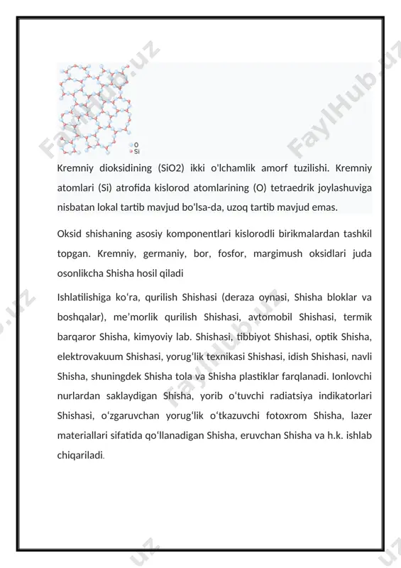ruvchilar (koʻmir, koks, vino toshi, qalay birikmalari) ishlatiladi. shisha sanoatda, asosan, vanna pechlarida va maxsus xumdonlarda pishiriladi. shisha pishirish jarayoni shisha massasini suyuqlantirish, tiniqlashtirish (havo va boshqalar gazlardan tozalash), gomogenlash va sovitishni oʻz ichiga oladi. shisha 1400— 1450°da pishiriladi, 14601500°da tiniqlashtiriladi va gomogenizatsiya qilinadi, 1200— 1300°da sovitiladi. shahriga shakl berish va undan buyumlar yasash presslash, puflash, choʻzish va prokatlash yoʻlibilan amalga oshiriladi. shahrini 500—600"da (shishalanish trasidan 20—30° yuqori) astasekin sovitish yoki sovitish trasidan keskin sovitish (toblash) yoʻli bilan undagi ichki kuchlanishlarning bir tekis taqsimlanishiga erishiladi. shisha toblanganda mexanik mustahkamligi ortadi. shishani qayta ishlash mumkinligini anglatuvchi kodli belgi. shisha xalq xoʻjaligida (sanoat inshootlari qurilishida), shisha tola va shisha plastiklar ishlab chiqarishda, texnikaning turli sohalarida — optika, asbobsozlik, yorugʻlik texnikasi, elektrovakuum sanoatida kimyoviy laboratiya jihozlari, shisha idishlar, badiiy va maishiy buyumlar ishlab chiqarishda keng qoʻllanadi. chinni-fayans sanoati - chinni, fayans va boshqa nafis keramika maxsulotlari ishlab chiqaradigan sanoat tarmogʻi. uyroʻzgʻorda ishlatiladigan chinni …