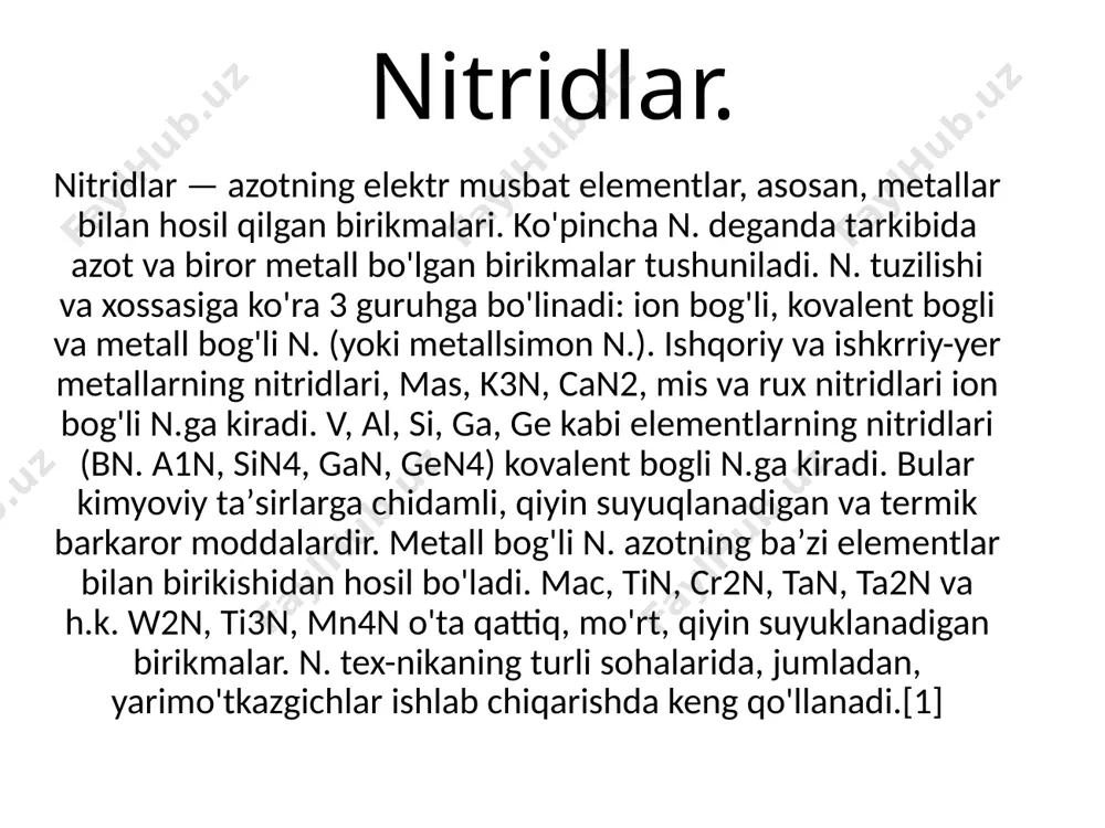 oratli moylash materiallari molibden disulfidi. nitrid aralashmalari ko'pincha katta bo'ladi tarmoqli bo'shliqlari, shuning uchun odatda nitritlar bo'ladi izolyatorlar yoki keng o'tkazgichli yarim o'tkazgichlar; misollar kiradi bor nitridi va kremniy nitridi. keng tarmoqli oralig'i materiali gallium nitrit ko'k chiroq chiqargani uchun qadrlanadi ledlar.[2][3] ba'zi oksidlar singari, nitridlar ham vodorodni o'zlashtirishi mumkin va ular tarkibida muhokama qilingan vodorodni saqlash, masalan. lityum nitrit. s4n4 prototipik ikkilik molekulyar nitritdir. asosiy maqola: o'tish davri metall nitrido kompleksi ko'pgina metallar ixtisoslashtirilgan maqolada aytib o'tilganidek, molekulyar nitrido komplekslarini hosil qiladi. the asosiy guruh elementlari ba'zi molekulyar nitridlarni ham hosil qiladi. siyanogen ((cn)2) va tetrasulfur tetranitrid (s4n4) molekulyar ikkilik (azotdan tashqari bitta elementni o'z ichiga olgan) nitridlarning noyob namunalari. ular qutbsiz erituvchilarda eriydi. ikkalasi ham polimerizatsiyaga uchraydi. s4n4 elementlarga nisbatan ham beqaror, ammo izostrukturali se uchun kamroq4n4. isitish s4n4 polimer beradi va turli xil molekulyar oltingugurtli nitrid anionlari va kationlari ham ma'lum. nitrid bilan bog'liq, ammo ulardan farq …
