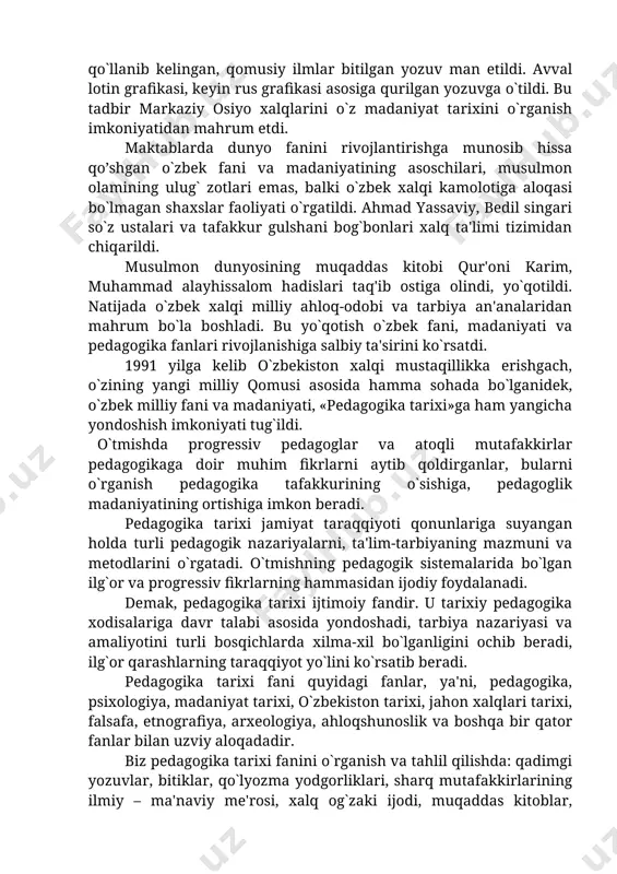 angi maktablar ochish va ularni mustahkamlash vazifalari ko`ndalang qilib qo`yildi. unda yoshlar ongiga yangi jamiyat g`oyalarini singdirish, shu ishlarni amalga oshiradigan pedagog xodimlar tayyorlashga e'tibor berildi. shu ishlarni amalga oshirishda russiya xalq ta'limi yo`nalishi va tizimi rahbarlik qilgan. tarixdan ma'lumki, qaysi davlat yoki mamlakat hukumron bo`lsa, u tobe mamlakat va xalqga o`z mafkurasini, ma'naviyatini, axloq-odob aqidalarini singdirishga harakat qilgan. 1924 yil oktyabrda turkiston parchalanishi oqibatida milliy madaniyat yo`li asta-sekin to`sila boshlandi. asrlar osha amalda qo`llanib kelingan, qomusiy ilmlar bitilgan yozuv man etildi. avval lotin grafikasi, keyin rus grafikasi asosiga qurilgan yozuvga o`tildi. bu tadbir markaziy osiyo xalqlarini o`z madaniyat tarixini o`rganish imkoniyatidan mahrum etdi. maktablarda dunyo fanini rivojlantirishga munosib hissa qo’shgan o`zbek fani va madaniyatining asoschilari, musulmon olamining ulug` zotlari emas, balki o`zbek xalqi kamolotiga aloqasi bo`lmagan shaxslar faoliyati o`rgatildi. ahmad yassaviy, bedil singari so`z ustalari va tafakkur gulshani bog`bonlari xalq ta'limi tizimidan chiqarildi. musulmon dunyosining muqaddas kitobi qur'oni karim, …