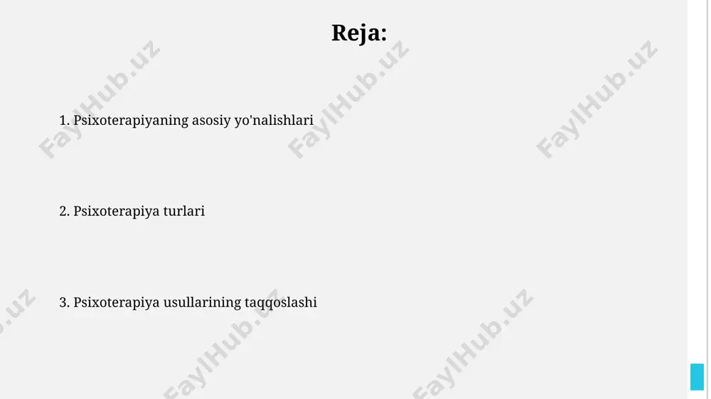 arqandda keng qo'llaniladi. guruhiy terapiya seanslarida ishtirokchilar o'zlarining his-tuyg'ulari, muammolari va tajribalari haqida ochiq muloqot qilib, o'zaro qo'llab-quvvatlash va 3-5 tadan ortiq texnikalar yordamida muammolarni hal qilishni o'rganadilar. gumanistik terapiya gumanistik terapiya, 1950-yillarda amerika qo'shma shtatlarida paydo bo'lib, insonning o'z-o'zini anglash va o'ziga bo'lgan ishonchini oshirishga qaratilgan 3 asosiy yo'nalishni o'z ichiga oladi. gumanistik terapiyaning samaradorligi, jahon miqyosida o'tkazilgan 20 dan ortiq tadqiqotlarda isbotlangan bo'lib, xususan, ruhiy salomatlik muammolarini boshdan kechirayotgan 35-55 yosh oralig'idagi odamlarda sezilarli yaxshilanishlar kuzatilgan. gestalt terapiyasi gestalt terapiyasi, shaxsning o'z-o'zini anglashini oshirishga qaratilgan bo'lib, individual va guruh seanslari orqali 7 dan ortiq turli texnikalarni o'z ichiga oladi. gestalt terapiyasi, 1940-yillarda aqshda paydo bo'lib, 20-asrning o'rtalarida keng tarqaldi va bugungi kunda 50 dan ortiq mamlakatda qo'llaniladi. psixoterapiya turlari psixoterapiyaning 30 dan ortiq turi mavjud bo'lib, ularning ba'zilari, masalan, kognitiv-xulq terapiyasi (kkt) aqshda keng qo'llaniladi va 10 dan ortiq seansni o'z ichiga olishi mumkin. psixodramma, rol o'ynash texnikasini …