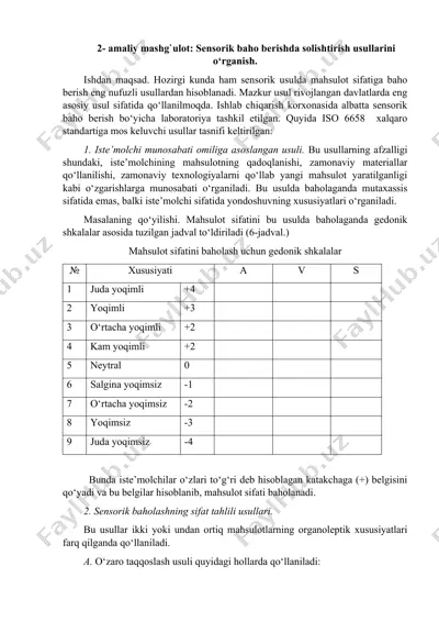 sensorik baho berishda solishtirish usullarini o‘rganish — DOCX