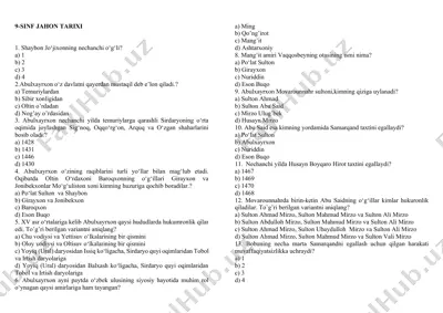 9-sinf o'zbek tarixi(2024) nazorat uchun testlar — DOCX