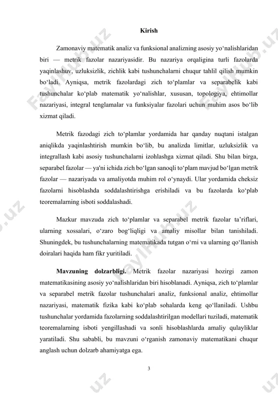 aksiomalarini) 1) (x,y) 0; (x,y)=0 munosabat faqat x=u bo’lganda bajariladi; 2) (x,y)= (y,x) (simmetriklik aksiomasi); 3) (x,y) (x,z)+ (z,y) (uchburchak aksiomasi) qanoatlantirsa, u holda x to’plam metrik fazo deyiladi. kiritilgan (x,y) funksiya metrika, yuqoridagi shartlar esa metrika aksiomalari deyiladi. odatda metrik fazo (x,) ko’rinishda belgilanadi. metrik fazoga misollar. 1) haqiqiy sonlar to’g’ri chizig’i: x=r. bu to’plamda x va u sonlar orasidagi masofa (x,y)=|y-x| bo’yicha hisoblanadi. 2) n–o’lchamli evklid fazosi: x=r2n, va x=(x1,x2,,xn), y=(y1,y2,,yn) nuqtalar orasidagi masofa (x,y)= formula yordamida hisoblanadi. xususan n=2 bo’lganda bu metrik fazo evklid tekisligi deyiladi. 3) n–o’lchamli fazoning x=(x1,x2,,xn) va y=(y1,y2,,yn) nuqtalari orasidagi masofa (x,y)= deb aniqlansa, u metrik fazo bo’ladi (isbotlang) va r1n orqali belgilanadi. 4) n–o’lchamli fazoning x=(x1,x2,,xn) va y=(y1,y2,,yn) nuqtalari orasidagi masofa (x,y)=|yk–xk| deb aniqlansa, u metrik fazo bo’ladi (isbotlang) va rn orqali belgilanadi. 5) x=l2={x=(x1, x2,..., xn,... ),xir va }, (x,y)=; 6) x=c[a;b]- [a;b]-kesmada aniqlangan uzluksiz funksiyalar to’plamida metrikani quyidagicha kiritamiz: (x,y)=. …