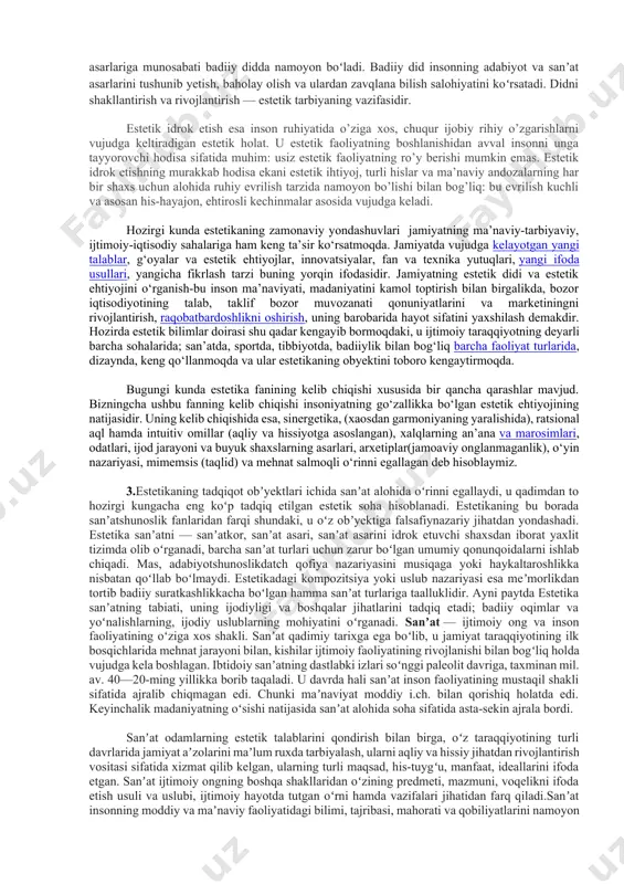 foydali boʻlsa — oʻsha goʻzal), keyinroq axloqiylik (nima ezgu boʻlsa — oʻsha goʻzal) tamoyillari asosida shakllandi. yunon mumtoz estetikasi namoyandalari, ayniqsa, aristotel goʻzallikning foydalilikdan va ezgulikdan alohida holda mavjud boʻlishi mumkinligini aytib oʻtdi; bu jihatdan uning "poetika" ("sheʼriyat sanʼati") asari eʼtiborga molik. oʻrta asrlarda musulmon sharqi tasavvuf estetikasi bu gʻoyalarni takomiliga yetkazib, yangi bosqichga koʻtardi; uygʻonish davri va yangi davr estetikasi taraqqiyoti uchun nazariy asos boʻlib xizmat qildi. estetika byork, d.yum, i.kant va boshqalar merosida buni yaqqol koʻrish mumkin. mas, kantning goʻzallik haqidagi mashhur 4 tamoyilidan 3 tasi sharq faylasuflari nazariyalari asosiga qurilgan. mazkur 3 tamoyil — goʻzallikning begʻaraz manfaatsiz munosabatga asoslanganligi; uning zaruratga aylangan muhabbatning obʼyekti ekanligi (gʻazoliy); goʻzallikni oddiy mantiqiy yondashuv orqali bilishimiz mumkin emasligi (forobiy) kantni, goʻzallik biz uchun oʻzini maqsad shaklida emas, maqsadga muvofiqlik shaklida namoyon etadi degan 4tamoyilni yaratishga olib keldi. kantdan soʻng nemis ratsional estetikasida shiller, shelling, gegel nazariyalarining estetika taraqqiyoti uchun ahamiyati katta …