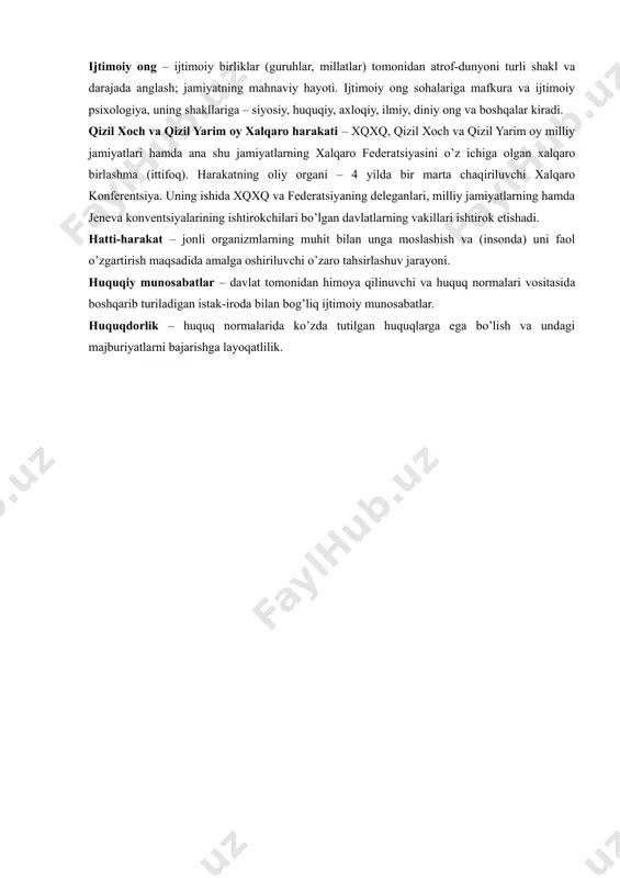 minatsiya (kamsitilish) – u yoki bu kishilar guruhlari huquqlarining ularning muayyan millatga, irqqa, jinsga mansubligiga, ehtiqodiga va shu kabilarga ko’ra kamaytirilishi. xalqaro munosabatlar – dunyo xalqlarining va davlatlarining turli shakl va darajadagi o’zaro munosabatlari. tarixiy taraqqiyotning hozirgi bosqichida bunday munosabatlarning asosini davlatlar o’rtasidagi munosabatlar tashkil qiladi. jahon huquq tartiboti – muayyan tarixiy davrda xalqlar va davlatlar o’rtasida tarkib topgan munosabatlarning xalqaro tizimi. hozirgi paytda u davlatlarning o’zlariga qabul qilgan majburiyatlarini so’zsiz va vijdonan bajarishlarini, xalqaro shartnomalarning bir xil tushunilishi va qo’llanilishini, xalqaro munosabatlarda xalqaro huquqning ustivorligini bildiradi. ratifikatsiya – muayyan davlat nomidan imzolangan xalqaro shartnomaning ushbu davlat hokimiyati oliy organi tomonidan tasdiqlanishi. repressiyalar – nizodagi tomonlardan birining boshqasiga nisbatan qasos sifatida qo’llayotgan majburiy harakatlari. suverenitet – (frantsuzcha souverain - oliy) davlatning ichki siyosatda ustivorligi va tashqi siyosatda mustaqilligi. huquqiy kafolatlar – kishining unga nisbatan qo’yilayotgan ayblovning mazmuni bilan unga tushunarli tilda tanishishga haqliligi; ishning beg’araz odil sud tomonidan ko’rib chiqilishiga …