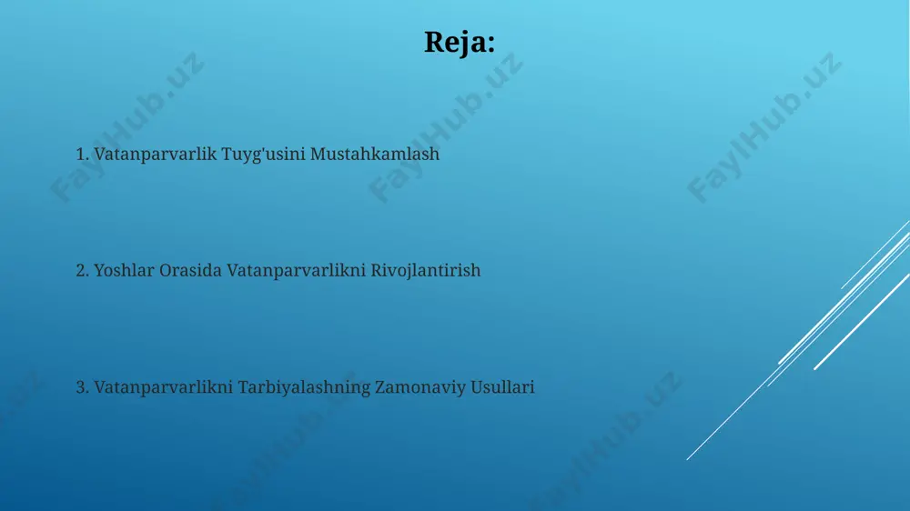 laydi. kelajak avlod uchun vatanparvarlik merosi tarixiy yodgorliklar va muzeylarni ziyorat qilish, 20 dan ortiq milliy qahramonlar haqidagi ma’lumotlarni o‘rganish yoshlarda vatanparvarlik tuyg‘usini kuchaytiradi. vatan himoyasi, milliy istiqlol va 1991-yildagi mustaqillik bayramlarini keng nishonlash, shuningdek, 30 dan ortiq madaniy tadbirlarni o‘tkazish vatanparvarlik ruhini oshiradi. oila va maktabning roli oilaviy tarbiyaning samaradorligi, bolaning 5 yoshdan 12 yoshgacha bo'lgan davrida milliy qadriyatlarni singdirish orqali vatanparvarlik his-tuyg'ularining shakllanishiga bevosita ta'sir ko'rsatadi. maktablar milliy qahramonlar haqida 30 dan ortiq darslarni o'tkazib, yosh avlodda vatanparvarlik tuyg'usini kuchaytirishga qaratilgan maxsus dasturlarni amalga oshirishlari mumkin. ommaviy axborot vositalarining ta'siri oav orqali vatanparvarlikni targ‘ib qilishda milliy qahramonlar haqidagi 30 dan ortiq hujjatli filmlar va 15 dan ziyod teleserial namoyish etilishi sezilarli ta’sir ko‘rsatadi. ijtimoiy tarmoqlardagi 5 milliondan ortiq foydalanuvchiga vatanparvarlik mavzusidagi ijobiy kontent etkazish orqali, ommaviy axborot vositalarining ta’siri sezilarli darajada kuchayadi va milliy ongning shakllanishiga yordam beradi. vatanparvarlik bilan bog'liq tadbirlar 2023-yilda respublika miqyosida 15 ta yangi …