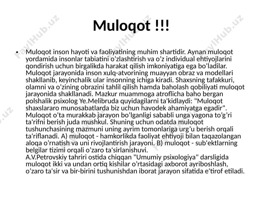 ing regulyasiya qilinishini ta'minlash vazifasi. muloqot inson emosional holatlarining eng muhim determinasiyasidir. chunki turli tuman emosional holatlar muloqot jarayonida paydo bo’ladi va o’zgaradi. l.a.karpenko taklif etgan tasnifga ko’ra, muloqotning quyidagi vazifalari ajratib ko’rsatiladi. muloqotning interaktiv tomonida birgalikdagi faoliyatda bir-birlariga amaliy jihatdan bevosita ta’sir etishlarinn ta’minlaydi. shu tufayli odamlar hamkorlikda ishlash, bir-birlariga yordam berish, bir-birlaridan o`rganish, harakatlar muvofiqligiga erishish kabi qator qobiliyatlarini namoyon etishlari mumkin. shu tufayli o`qituvchi bola shaxsiga maqsadga yo`nalgan holda ta’sir ko`rsatishi mumkin. aslini olganda, har qanday muloqot, agar u bema’ni, maqsadsiz, quruq gaplardan iborat bo`lmasa, doimo muloqotga kirishuvchilarning xulq-atvorlarini, ularning ustanovkalarini o`zgartirish imkoniyatiga ega. jamiyat miqyosida oladigan bo`lsak, odamlarning turli sharoitlarda o`zlarini tutishlari, xulq-atvorlarining boshqarilishi ma’lum psixologik qonuniyatlarga bog`liqligini ko`rish mumkin. bunga sabab jamiyatda qabul qilingan turli normalar, qonun-qoidalardir. chunki, o`zaro muloqot va o`zaro ta’sir jarayonlarida shunday hatti-harakatlar obrazlari kishilar ongiga singib boradiki, ularni har bir kishi norma sifatida qabul qiladi. masalan, o`smir bola, umuman yoshlar jamoat …