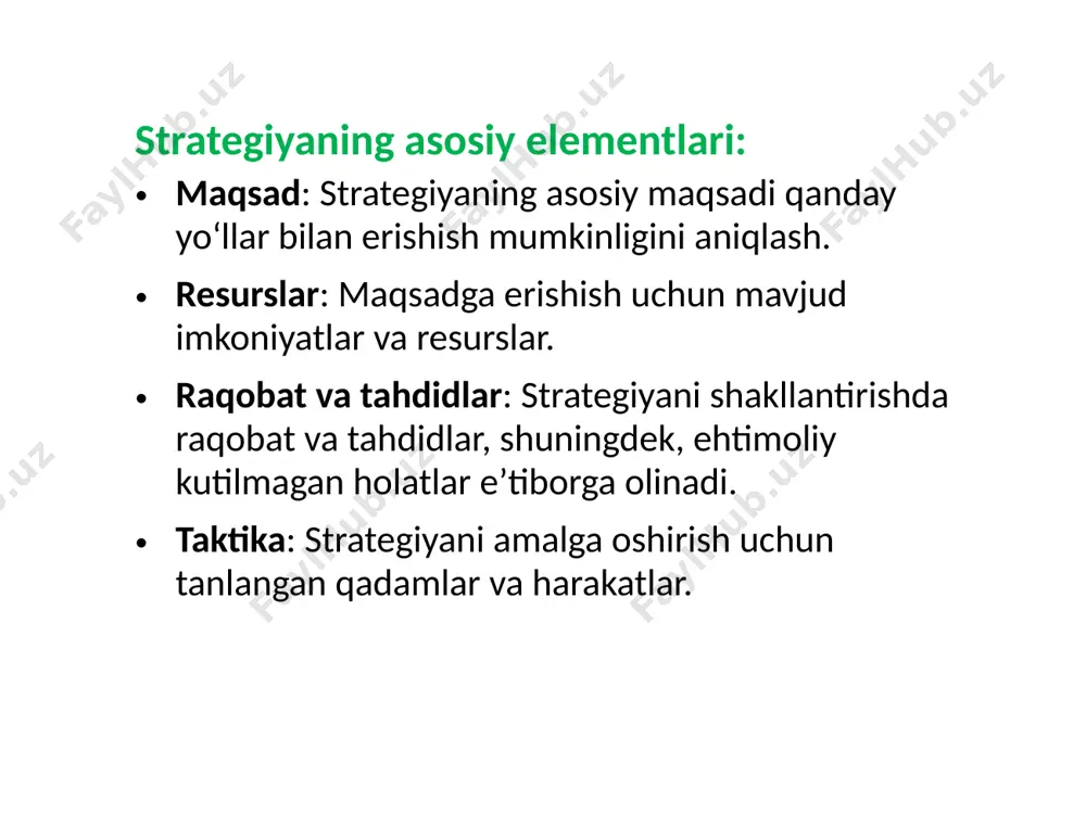 va uning maqsadini to’g’ri tanlash quyidagi ikki omilga bog’liq: •tashqi muhit omili; •ichki muhit omili. strategik rejalashtirishni amalga oshirilayotganda bu omillarni inobatga olish juda ham zarurdir. chunki aynan ularni hisobga olish korxonaga xavf soluvchi yoki yangi tug’ilishi mumkin bo’lgan xavf oldini olish imkonini beradi. bu, albatta, o’ta ko’p mehnat talab qiladigan va ko’p xarajatli jarayondir. unga sarflanadigan xarajatlar strategik rejalashtirish jarayoniga sarflanadigan xarajatlarning eng ko’p qismini tashkil qiladi. bozor injiqliklari ham korxona faoliyati va uning samaradorligiga o’z ta’sirini o’tkazmay qo’ymaydi. ularni tahlil qilish korxona rahbariyatiga korxona strategiyasini aniq bilishga va uning bozordagi mavqesini mustahkamlashga yordam beradi. bu erda: • demografik o’zgarishlar; • aholi daromadi darajasi va uning taqsimlanishi; • tarmoqdagi raqobat darajasi; • korxonaning bozorda egallagan salmog’i; • bozor ko’lami yoki uni hukumat tomonidan himoyalanganligi tahlil qilinadi. strategik rejalashtirish jarayonida korxonaning kuchli va kuchsiz tomonlarini tahlil qilishdan maqsad quyidagi ikkita savolga javob topishdir: tashqi imkoniyatlardan foydalanish uchun korxona o’zining kuchli …