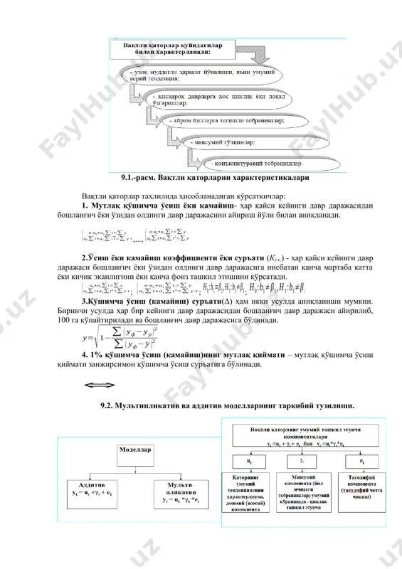 моделини статистик экспериментларда хаёлан тасаввур этиш, шунингдек, баъзи бир эҳтимолликни чеклаб қўйиш лозим. хақиқатдан ҳам статистик хулосалар баҳолашни танлашга ёки кўриб чиқилаётган умумий модел доирасида олдиндан ўрганилган назарий мезон хусусиятига асосланган бўлади. келажакнинг вақтли қаторлари ишончлилик даражасига кўра ҳисобли (яқин 20-30 йил учун ишончли), умумий тасаввурларга кўра тахминий (100 йилгача) ва хаёлийга (100 йилдан кўп) бўлинади. ижтимоий-иқтисодий ҳодисаларнинг вақт давомида ўзгариши динамика деб, шу жараённи таърифловчи кўрсаткичлар қатори эса вақтли қаторлари деб юритилади. ҳодисаларнинг вақт давомида ўзгаришини таърифловчи статистик кўрсаткичлар қатори вақтли қатор деб юритилади. 9.1.-расм. вақтли қаторларни характеристикалари вақтли қаторлар таҳлилида ҳисобланадиган кўрсаткичлар: 1. мутлақ қўшимча ўсиш ёки камайиш- ҳар қайси кейинги давр даражасидан бошланғич ёки ўзидан олдинги давр даражасини айириш йўли билан аниқланади. ,..., 2.ўсиш ёки камайиш коэффициенти ёки суръати (кў.к.) - ҳар қайси кейинги давр даражаси бошланғич ёки ўзидан олдинги давр даражасига нисбатан қанча мартаба катта ёки кичик эканлигини ёки қанча фоиз ташкил этишини кўрсатади. ; ; …