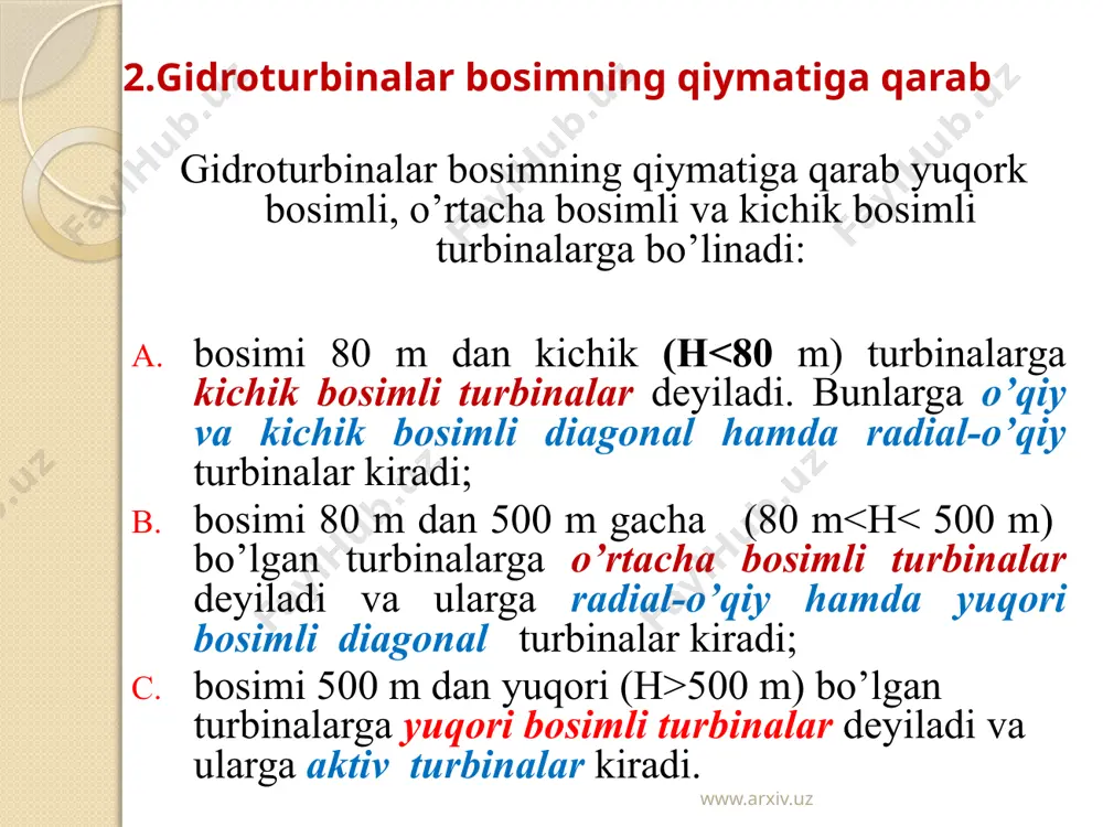 imi (to’g’ondan keyingi havza) quyi b’ef deyiladi. suv yuqori b’efdan truba orqali turbina bo’limiga kiradi va turbinani aylantirib, so’rish trubasi orqali quyi b’efga tushadi. www.arxiv.uz turbinalarni hisoblash va tanlab olishda bosim n, quvvat n va foydali ish koeffisienti asosiy parametrlar bo’lib hisoblanadi. turbinaning ish bosimi quyidagi formula yordamida hisoblanadi: bu erda hst = z1 — z2—ta’minlovchi va qabul qiluvchi suv sig’imlari sathlarining ayirmasi; v1 -v 2 sistemaga kirish va chiqishdagi tezliklar; h12—suv keltiruvchi va so’rish trubalari hamda mahalliy qarshilnklarda yo’qotilgan bosim. hisoblash ishini osonlashtirish uchun quyidagi formuladan foydalanish mumkis: suv okimining quvvati quyidagi formula yordamida hisoblanadi gidroelektrsstangnyaning quvvati esa quyidagicha hisoblanadi: www.arxiv.uz nazorat savollar: gidravlik dvigatellar nech turga bo’linadi? turbinaga ta’rif bering. turbinalar qanday turlarga bo’linadi? qanday turbinalarga aktiv turbinalar deyiladi? reaktiv turbinalar aktiv turbinalardan nimasi bian farq qiladi? turbinalar qaysi kattaliklar asosida hisoblanadi? www.arxiv.uz mustaqil ta’lim uchun mavzular: turbinalarni rostlash prinsplari. www.arxiv.uz image2.jpeg image3.jpeg image4.jpeg image5.jpeg image6.jpeg image7.jpeg image8.jpeg …