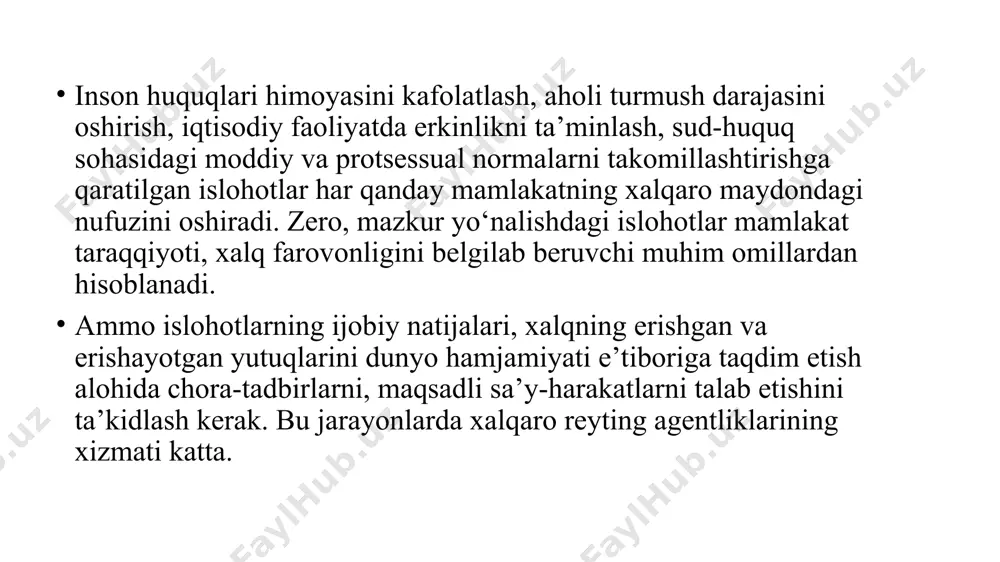 o‘rsatadi. 2. o‘zbekiston respublikasining xalqaro reyting va indekslardagi o‘rnini yaxshilash borasidagi davlat siyosati, qabul qilingan huquqiy-normativ hujjatlar. 2017-2021 yillarda o‘zbekiston res­publikasini rivojlantirishning beshta ustuvor yo‘nalishi bo‘yicha harakatlar strategiyasini amalga oshirish doirasida mamlakatimizning xalqaro maydondagi mavqeini ko‘tarish, ko‘rsatkichlarning xolis va haqqoniy baholanishini ta’minlash bo‘yi­cha tizimli ishlar amalga oshirilmoqda. xususan, prezidentimizning 2020 yil 25 fevraldagi “o‘zbekiston respublikasining xalqaro reytinglar va indekslardagi o‘rnini yaxshilash chora-tadbirlari to‘g‘risida”gi qarorida yurtimizda amalga oshirilayotgan islohotlarni baholashning yaxlit va mustaqil tizimini shakllantirish, shuningdek, respublikamizning xalqaro reytinglardagi o‘rnini yaxshilashni ta’minlash yo‘llari atroflicha belgilab berildi. mazkur hujjatga muvofiq boshqa vazifalar qatorida 3 ta asosiy yo‘nalishda ish olib borilayotgani alohida e’tiborga molik. ya’ni: 1. o‘zbekiston respublikasining xalqaro reytinglardagi o‘rnini monitoring qilish va baholash milliy tizimi, ya’ni milliy monitoring tizimi yaratilishi. 2. ko‘rsatilayotgan davlat xizmatlari sifatini yaxshilash, aholining davlat organlari faoliyatidan qoniqishi darajasini hamda ularning xodimlari kasbiy mahoratini oshirish maqsadida “davlat xizmatlarining sirli mijozi” instituti joriy etilishi. 3. “o‘zbekiston respublikasi xalqaro reytinglarda” …