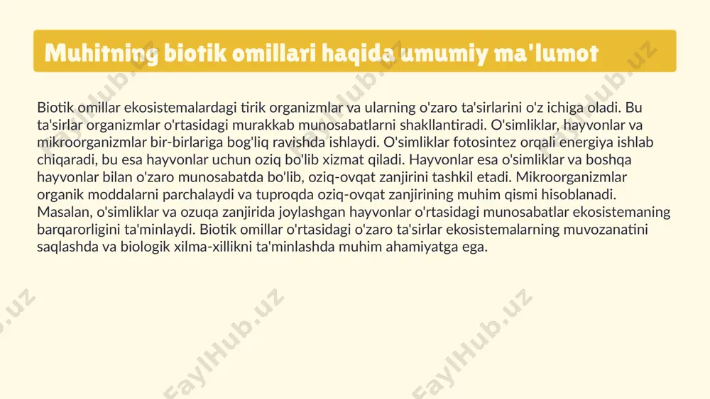 akllarda namoyon bo'ladi. har bir munosabat o'ziga xos xususiyatlarga ega va tabiiy muhitda muhim rol o'ynaydi. masalan, simbioz munosabati doirasida, bir organizmning ikkinchisiga foyda keltirishi mumkin, antagonizm esa bir organizmning ikkinchisiga zarar yetkazishini anglatadi. simbiozning xususiyatlari simbioz - bir yoki bir nechta organizmlar o'rtasidagi o'zaro foydali munosabatdir. misol sifatida, o'simliklar va mikoriza qo'ziqorinlari o'rtasidagi munosabatni keltirish mumkin. o'simliklar qo'ziqorinlardan mineral moddalarga ega bo'lib, qo'ziqorinlar esa o'simliklardan organik birikmalar olishadi. bu munosabat ikki tomon uchun ham foydali hisoblanadi. antagonizm va komensalizm antagonizm - bir organizmning boshqa bir organizmga zarar yetkazishi. masalan, yirtqichlar va ov qilingan hayvonlar o'rtasidagi munosabatlar antagonizmga kiradi. komensalizm esa bir organizmning ikkinchisidan foyda olishi, lekin ikkinchiga zarar yetkazmasligini anglatadi. misol sifatida, qushlar daraxtlarda yashab, ularning mevalaridan foydalanadi, lekin daraxtlarga hech qanday zarar yetkazmaydi. simbioz - organizmlar o'rtasidagi yaqin munosabatlar bo'lib, ularning turli shakllari mavjud. 1. **mutualizm**: bu simbioz shaklida, ikki organizm bir-biriga foyda keltiradi. misol: asalari va gullar …