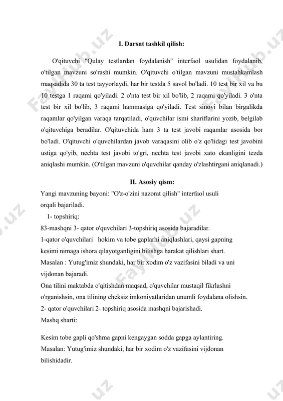 g'lanishi haqida ma'lumot berishlari kerak. masalan: -hokim va tobe gap - ki, -kim, ergashtiruvchi bog'lovchi yordamida bog'lanayotganligini aytishadi. 2-topshiriq: - 84-mashqni sinf o'quvchilari-birgalikda bajaradi. yozing: kengaygan kesimli sodda gaplarni kesim ergash gapli qo'shma gapga aylantiring. euqarolik burchimiz shundaki, o'zbekiston qonunlariga to 'la-to 'kis amal qilamiz. otaning farzand oldidagi qarzi shundaki, unga yaxshi nom qo'yish, hunar o'rgatish, mustaqil hayotga tayyorlashdir va hokazo. mashqning shartiga amal qilib to'g'ri bajargan o'quvchilar baholanadi. 3-topshiriq: "matbuot materiallaridan foydalanish" interfaol usullaridan foydalanib mavzuni mazmunli o'zlashtirish mumkin. o'qituvchi har bir partaga gazeta va jurbal boshqa materiallar beradi. o'quvchilar shu man'balardan 3 tadan kesim tobe gapli qo'shma gaplami topib daftarlariga ko'chirishlari mumkin. (qaysi o'quvchi topshiriqni to'gri, bexato bajargan bo'lsa, o'qituvchi tomobidan baholanadi) iii. mustahkamlash. bir partada o'tirgan ikki o'quvchining biri ikkinchisiga shu mavzuga doir savol beradi, partadoshi o'rtog'ining savollariga javob berishi kerak. o'qituvchi nazoratida bu topshiriq bajariladi. masalan: birinchi partadagi 1-o'quvchi o'rtog'iga savol beradi. -a. navoiy haqida kesim …