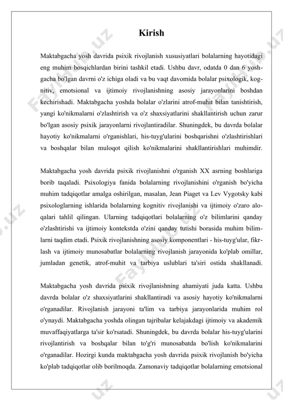 bilan muloqotda bu his-tuyg'ularni qanday ifoda etishni o'rganadilar. emotsional rivojlanish bolalar uchun nafaqat individual rivojlanish, balki ijtimoiy muhitda muvaffaqiyatli faoliyat yuritish uchun ham zarurdir. bolalar emotsional rivojlanish jarayonida turli his-tuyg'ularni, masalan, quvonch, g'azab, qo'rquv, va xafa bo'lish kabi his-tuyg'ularni o'zlashtiradilar. jean piagetning kognitiv rivojlanish nazariyasi ham bolalarning his-tuyg'ularini anglash jarayonini tushunishga yordam beradi. unga ko'ra, bolalar o'z his-tuyg'ularini tushunish va ifoda etish orqali atrof-muhitlari bilan muloqotda bo'lishni o'rganadilar. masalan, 2-3 yoshdagi bolalar, o'z his-tuyg'ularini ifoda etishda ko'proq verbal va noverbal usullarga murojaat qiladilar. ular qiyofalar, tovushlar va harakatlar orqali his-tuyg'ularini ifoda etishni o'rganadilar, bu esa ularning muloqot qobiliyatlarini oshiradi. bolalarning emotsional rivojlanishi, shuningdek, ijtimoiy aloqalar orqali ham rivojlanadi. bolalar o'z tengdoshlaridan, ota-onalaridan va tarbiyachilaridan emotsional qo'llab-quvvatlash olishadi, bu esa ularning his-tuyg'ularini anglash va boshqarish qobiliyatlarini oshiradi. ijtimoiy muhitda bolalar o'zaro o'yinlar va faoliyatlar orqali emotsional ko'nikmalarini rivojlantiradilar. misol uchun, bolalar o'yin davomida bir-birining his-tuyg'ularini tan olish va ularga mos ravishda …