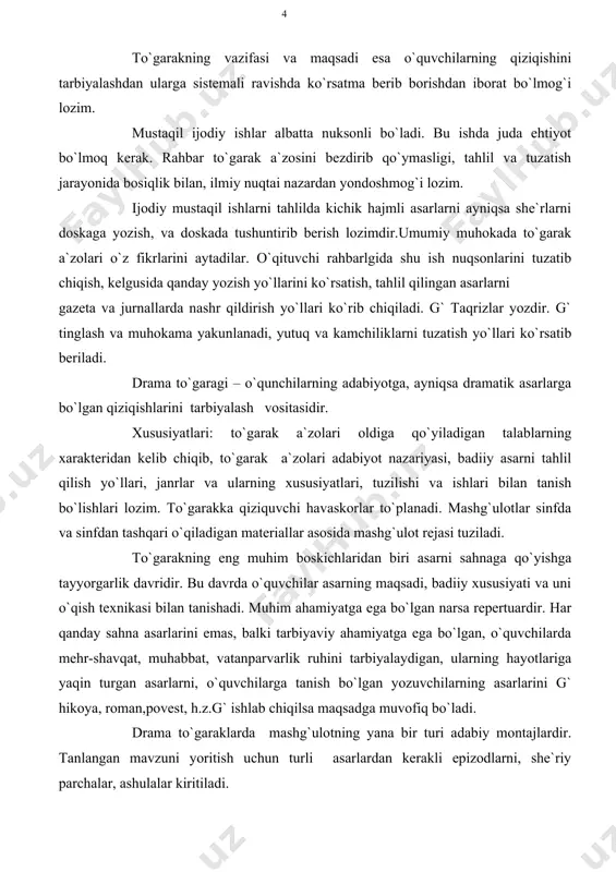 repertuardir. har qanday sahna asarlarini emas, balki tarbiyaviy ahamiyatga ega bo`lgan, o`quvchilarda mehr-shavqat, muhabbat, vatanparvarlik ruhini tarbiyalaydigan, ularning hayotlariga yaqin turgan asarlarni, o`quvchilarga tanish bo`lgan yozuvchilarning asarlarini g` hikoya, roman,povest, h.z.g` ishlab chiqilsa maqsadga muvofiq bo`ladi. drama to`garaklarda mashg`ulotning yana bir turi adabiy montajlardir. tanlangan mavzuni yoritish uchun turli asarlardan kerakli epizodlarni, she`riy parchalar, ashulalar kiritiladi. m.a. navoiyning yoshlik yillari mavzusida adab. montajda shu davriga oid parchalar, she`r, tarixiy manba`, memuar va vaqtli matbuot materiallaridan foydalanish mumkin. to`garak a`zolari nazariy malakani oshirish uchun ko`rgan kino, teatri haqida, aktyorlar mahorati haqida muhokama va muzokaralar o`tiladi. bu ish ularning qiziqishlarini yanada oshiradi. ifodali o`qish to`garagi – asosiy maqsadi o`quvchilarni ifodali o`qish va badiiy hikoyalashga, o`z fikrini og`zaki va yozma ravishda ravon anglatishga o`rgatishdan iborat. reja tuziladi va shu asosda o`qiladigan asarlar ro`yhati aniqlanadi, o`qish texnikasi va asarlar mazmunini tushunishga yordam beruvchi nazariy ma`lumotlar bilan o`quvchilarni tanishtiriladi. adabiy kechalar odatda barcha to`garaklar ko`rigi …