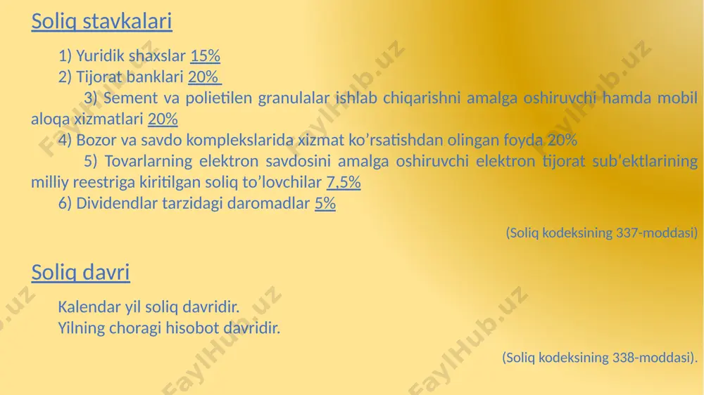 soliqstavkasi soliq davri soliqhisobotlarinitaqdimqilishtartibi hisobotdavridagijamidaromad hisoblabchiqarilganjamidaromad umumiysoliqstavkasi4% kalendaryilsoliqdavri soliqdavridatovarlrni(xizmatlarni)realizatsiyaqilishdanolinganjamidaromadi1 milliardso’mdanoshmagano’zbekistonrespublikasiyuridikshaxslar yilchoragihisobotdavri yilningharchorakda,hisobotdavridankeyingioyning15-kunidankechiktirmay,yilyakunlariboʼyicha15-fevralkunidankechiktirmay. xulosa demak oʻzbekiston respublikasining har bir xoʻjalik korxonalari qonunda belgilangan tartibda va oʻz muddatida soliq hisobotlarini taqdim etishlari shart ekan. soliq to’lovchi qayta tashkil etilayotganda yoki tugatilayotganda, har bir qayta tashkil etilayotgan yoki tugatilayotgan soliq to’lovchiga soliq davri boshlanganidan e’tiboran qayta tashkil etish yoki tugatish tugallangan kunga qadar bo’lgan davr yuzasidan tegishincha topshirish dalolatnomasi, taqsimlash balansi yoxud tugatish balansi asosida alohida-alohida soliq hisoboti tuziladi. image10.jpeg image11.jpeg image2.png image3.png image4.png image5.png image7.png image8.png