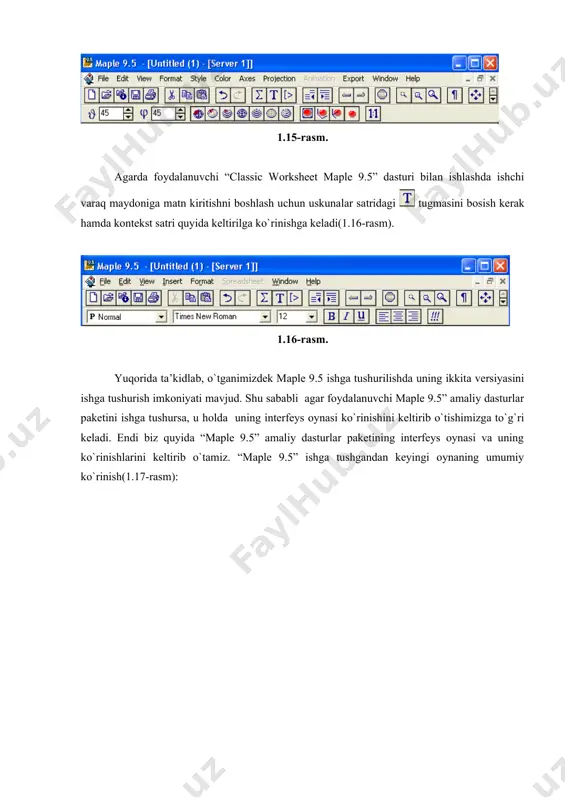 nida turishiga mos holatlari. kursor ma’lumotlarni kiritish maydonida turgan bo`lsa, kontekst menyuning holati komandalarni standart maple 9.5 talqinida yoki standart matematik yozuvlar ko`rinishida yozilishiga qarab o`zgaradi. 1.9 va 1.17–rasmlarda kontekstli menyuning, komandalarni standart maple 9.5 talqinida yoziladigan holatiga mos ko`rinishi tasvirlangan. maple 9.5 ning interfeysida bir nechta oynadagi ishchi varaqlar bilan ishlash va giperlavhalar yordamida ishchi varaqlarning biridan ikkinchisiga o`tish mumkin. interfeysning eng pastki qismida tizimning ishchi holatlari satri aks ettiril-gan bo`lib, unda joriy faylga va tizimga tegishli ma’lumotlar aks ettiriladi. 1.24–rasm. ish jarayonida ishchi varaqda aks ettirilgan ob’yektlar (grafik, komanda natijasini aks ettirish maydonidagi ma’lumot, kiritish maydonidagi komanda) larga mos kontekstli menyuni hosil qilish mumkin. buning uchun sichqoncha ko`rsatkichini kerakli ob’yektga keltirib, o`ng tugmani bosish kerak. kontekstli menyuda tanlangan ob’yektga qo`llaniladigan komandalar ko`rsatiladi (1.24-rasm). kontekstli menyu maple tizimida ma'lumotlarni qayta ishlash jarayonini tez va qulay bajarish imkonini beradi. masalan, biror funksiyaning grafigini hosil qilish uchun funksiya ifodasini kiritish maydoniga …